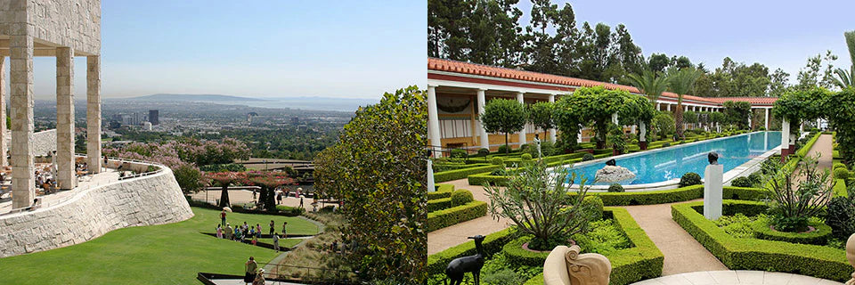 Two scenic views of a garden with a pool and architectural elements.