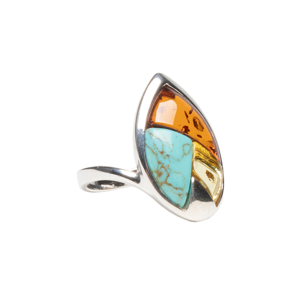 Sterling Silver Turquoise and Amber Ring