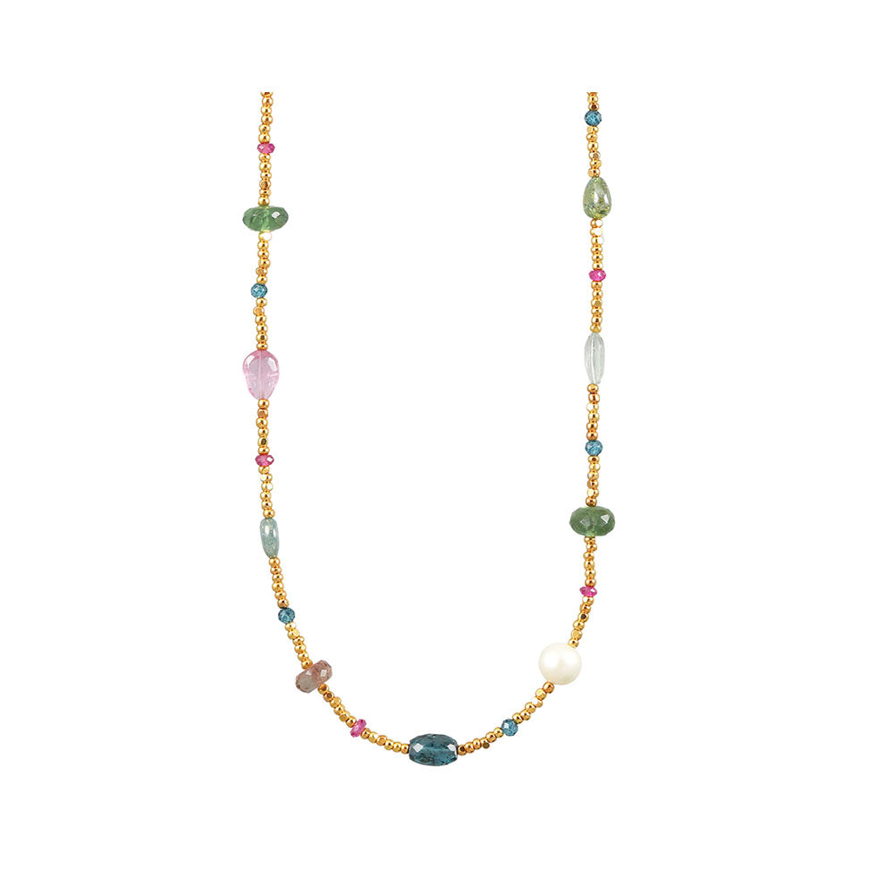 Gold Glass, Tourmaline, Sapphire, Pearl, Apatite and Kyanite Necklace
