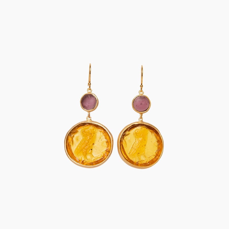 Glass Coin of Athens Motif Double Drop Earrings (Amber &amp; Plum Tones)