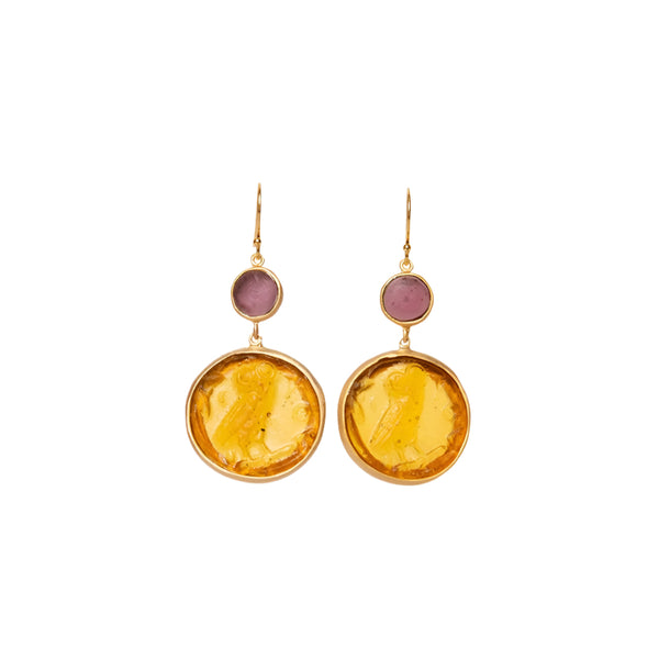 【VINTAGE HOLLYWOOD】Petit Ball Earrings〜ピアス★2022秋 Glass Coin of Athens Motif Double Drop Earrings (Amber