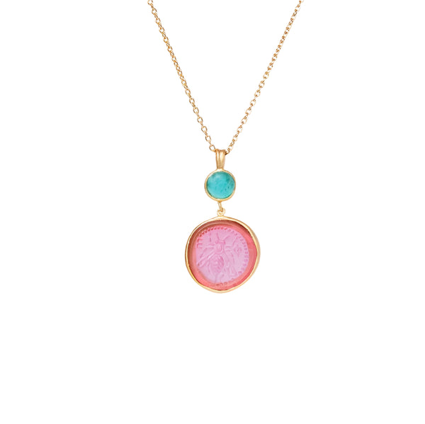 Glass Coin of Ephesos Motif Double Drop Pendant Necklace (Pink