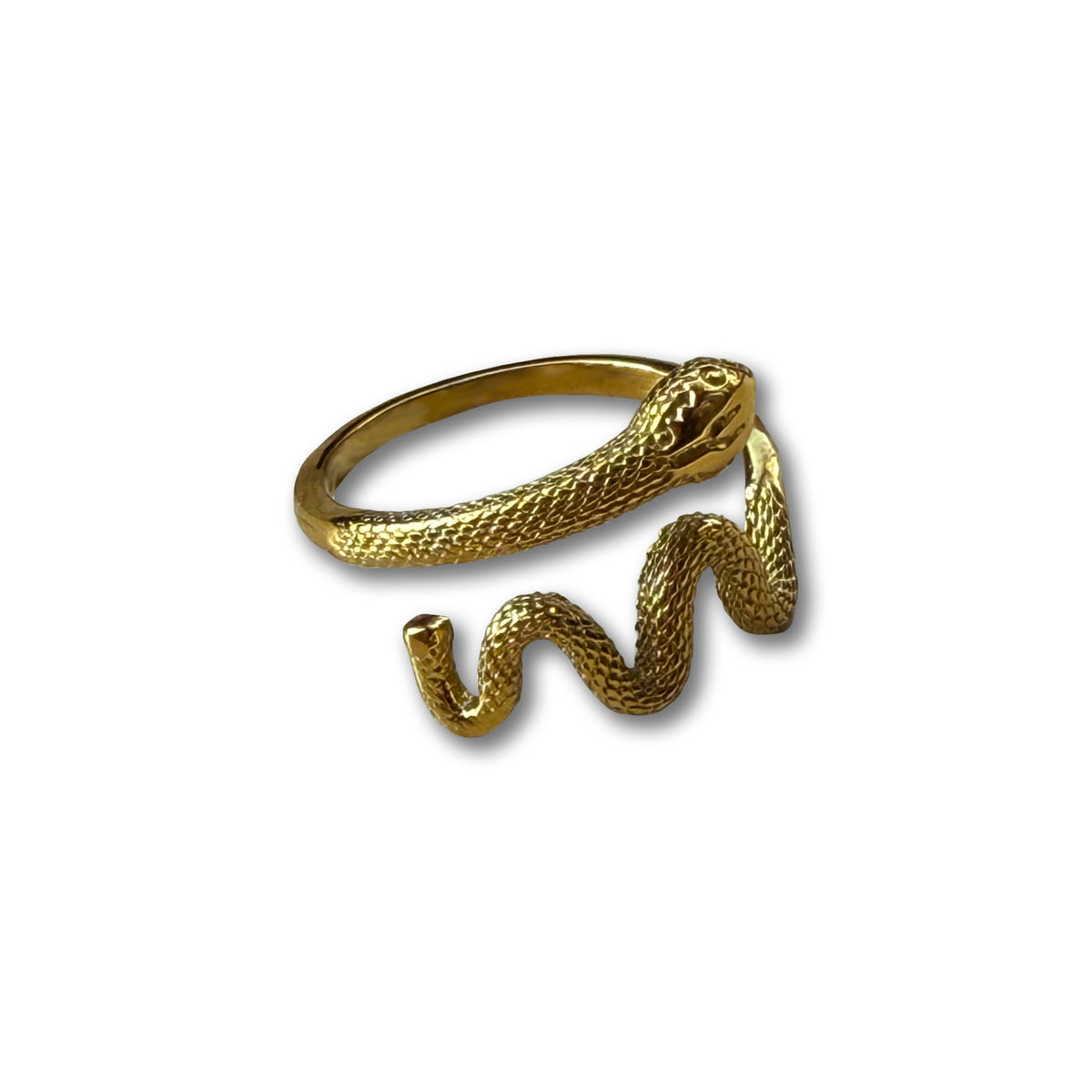 Gold snake-shaped ring on a white background