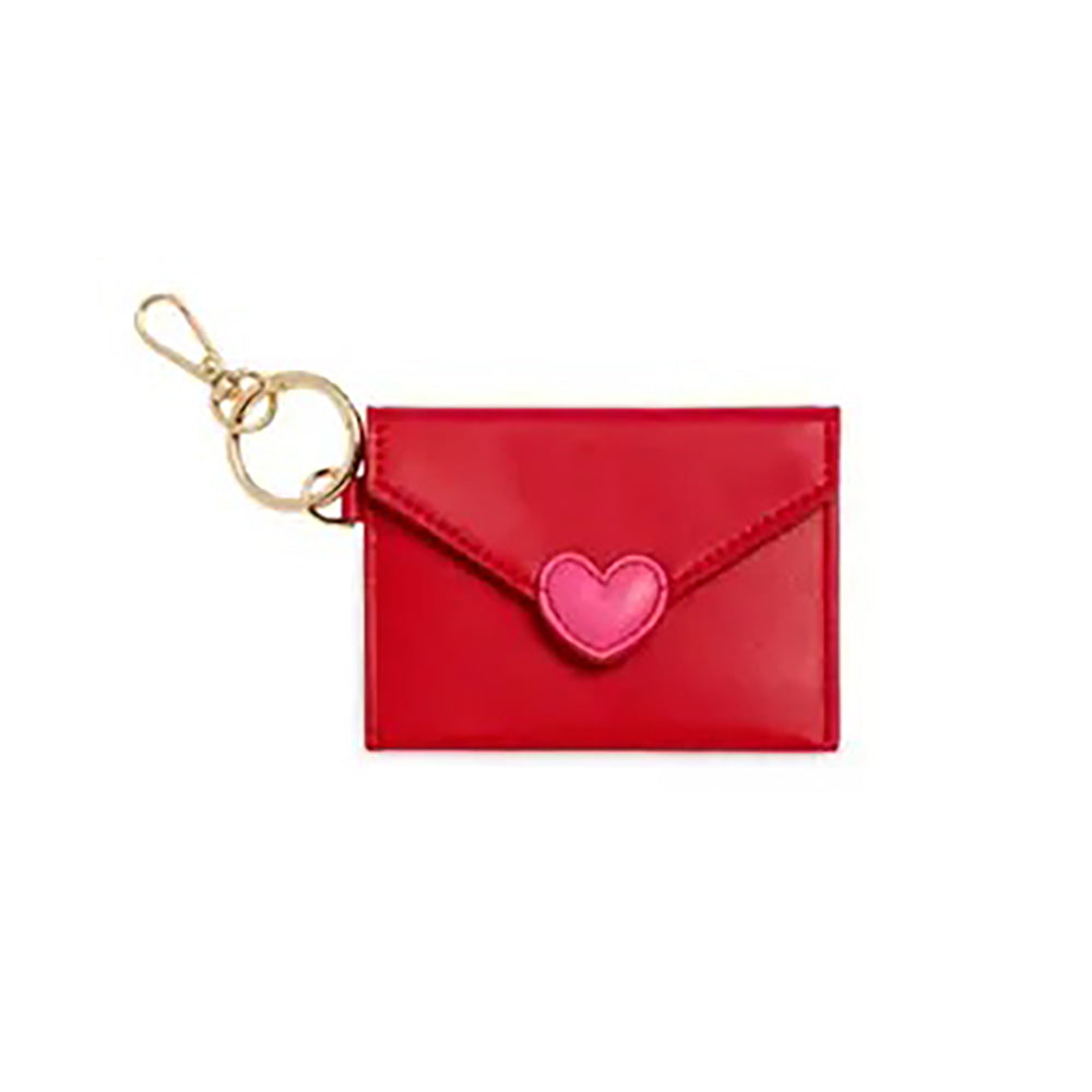 Red cardholder with a heart-shaped emblem and gold keychain on a white background