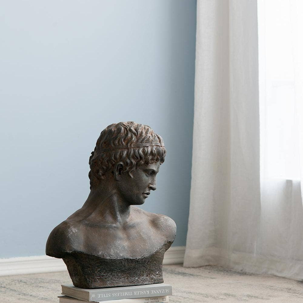 A dark bronze classical male bust sculpture displayed on a stack of books on a light-colored rug in a room with a light blue wall and white curtains.