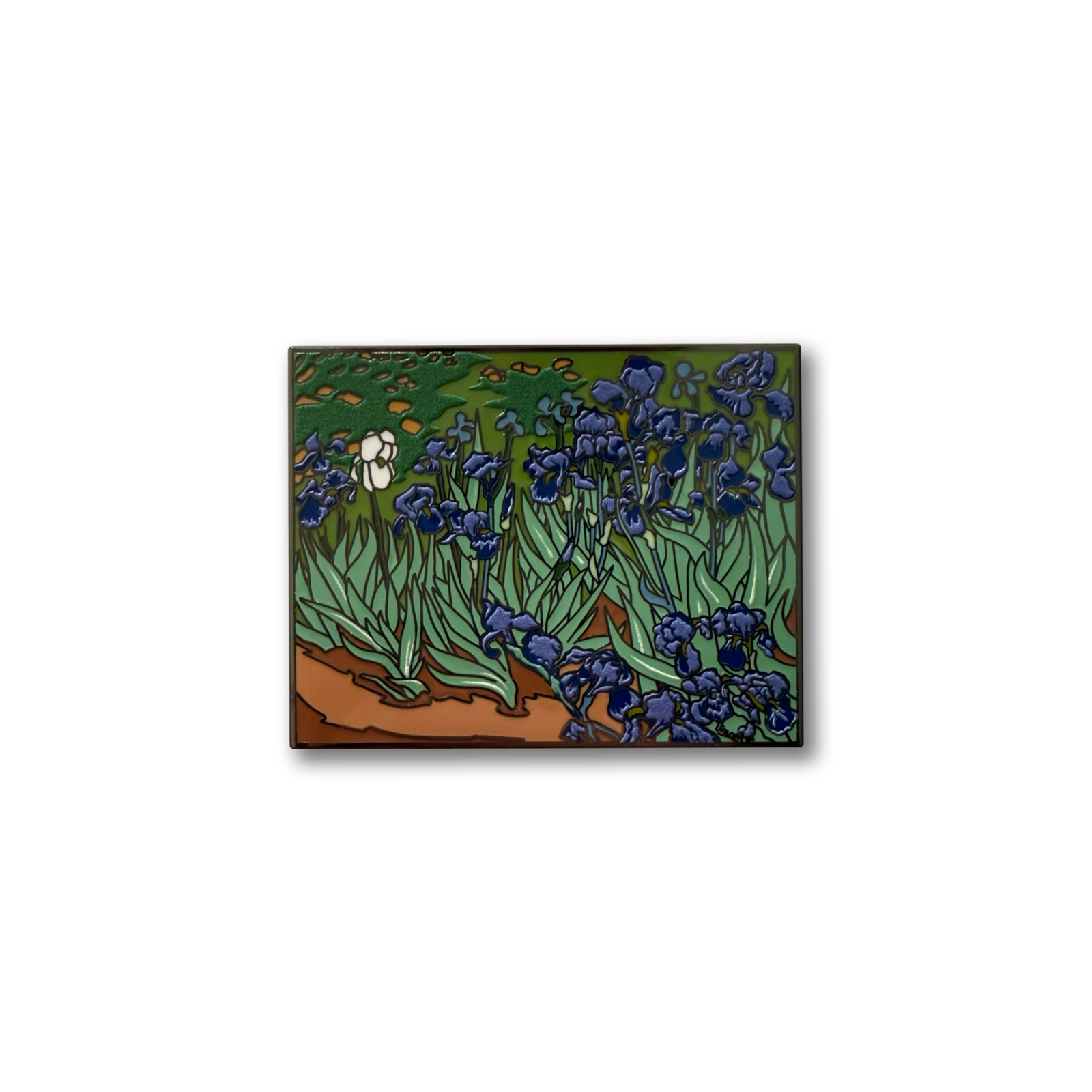 Enamel Pin with a design of blue flowers on a green background