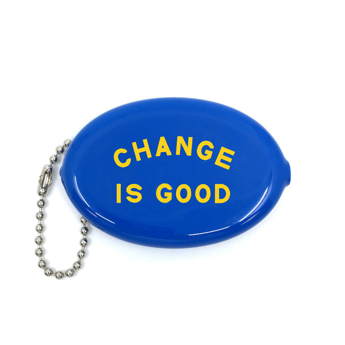 Blue coin purse with 'CHANGE IS GOOD' text on a white background