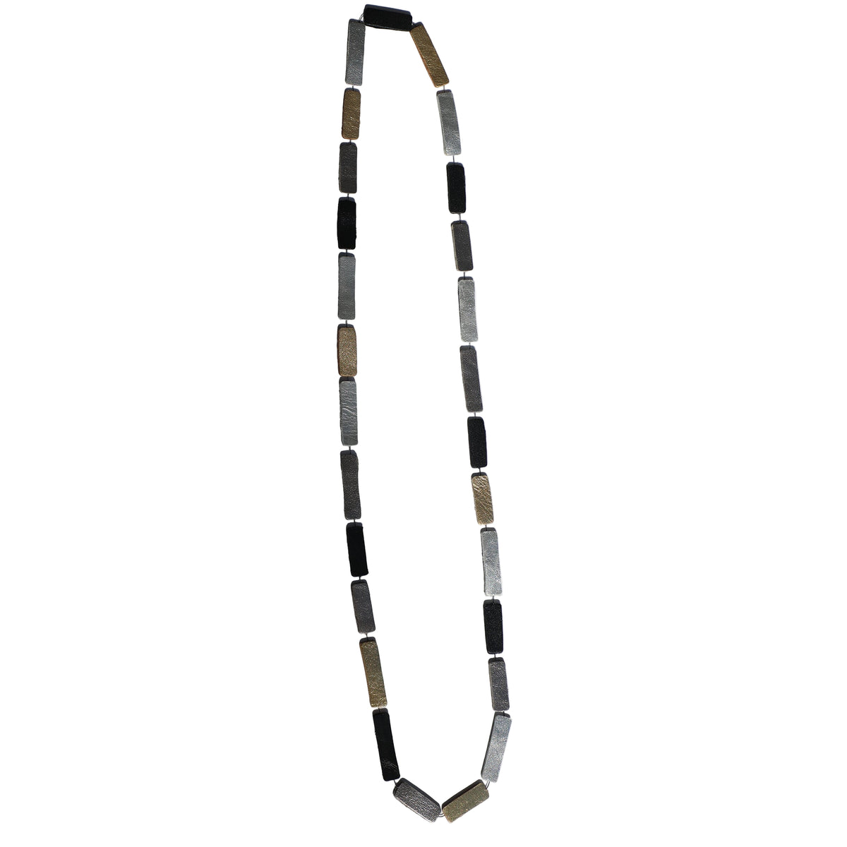 Necklace with rectangular beads on a white stand