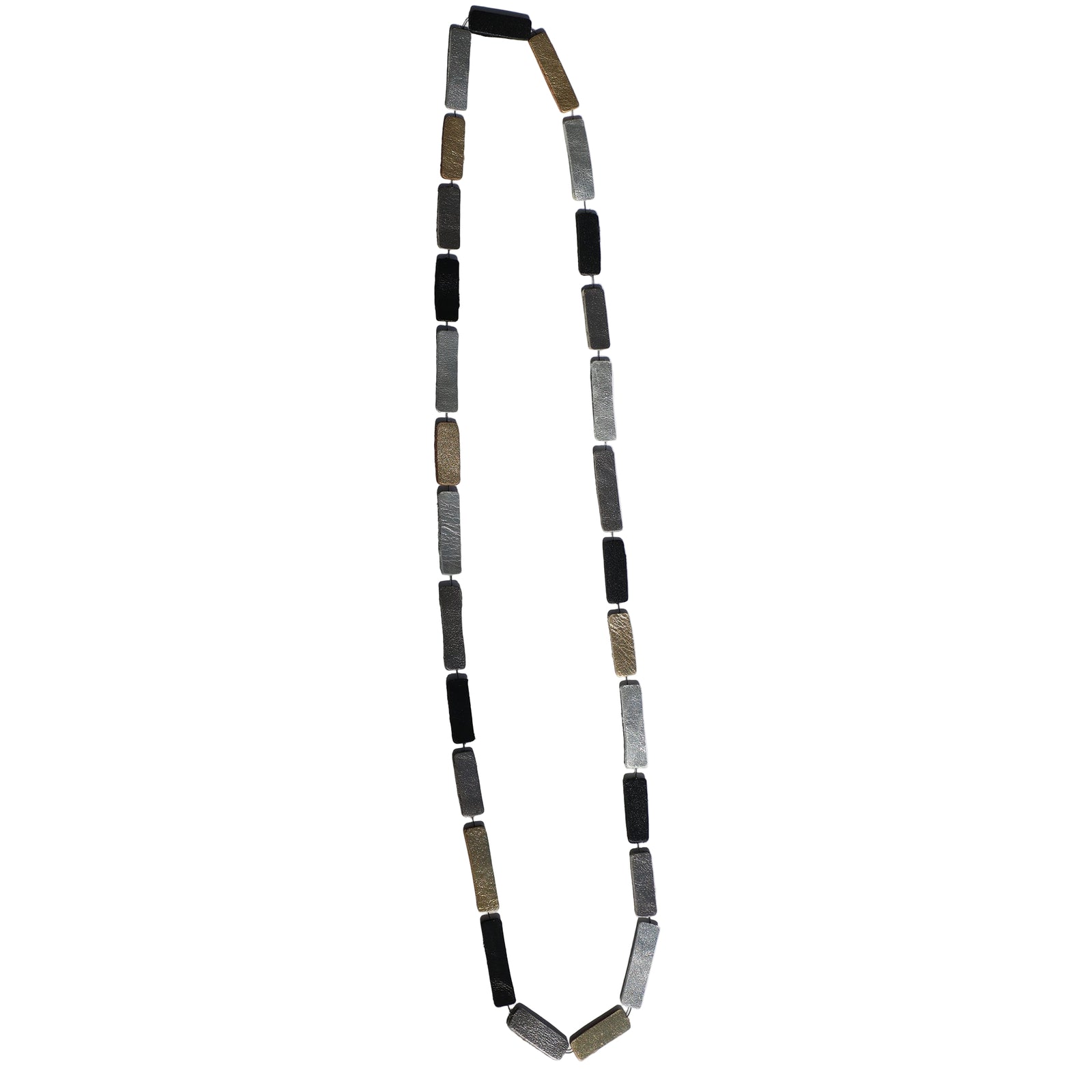 Necklace with rectangular beads on a white stand