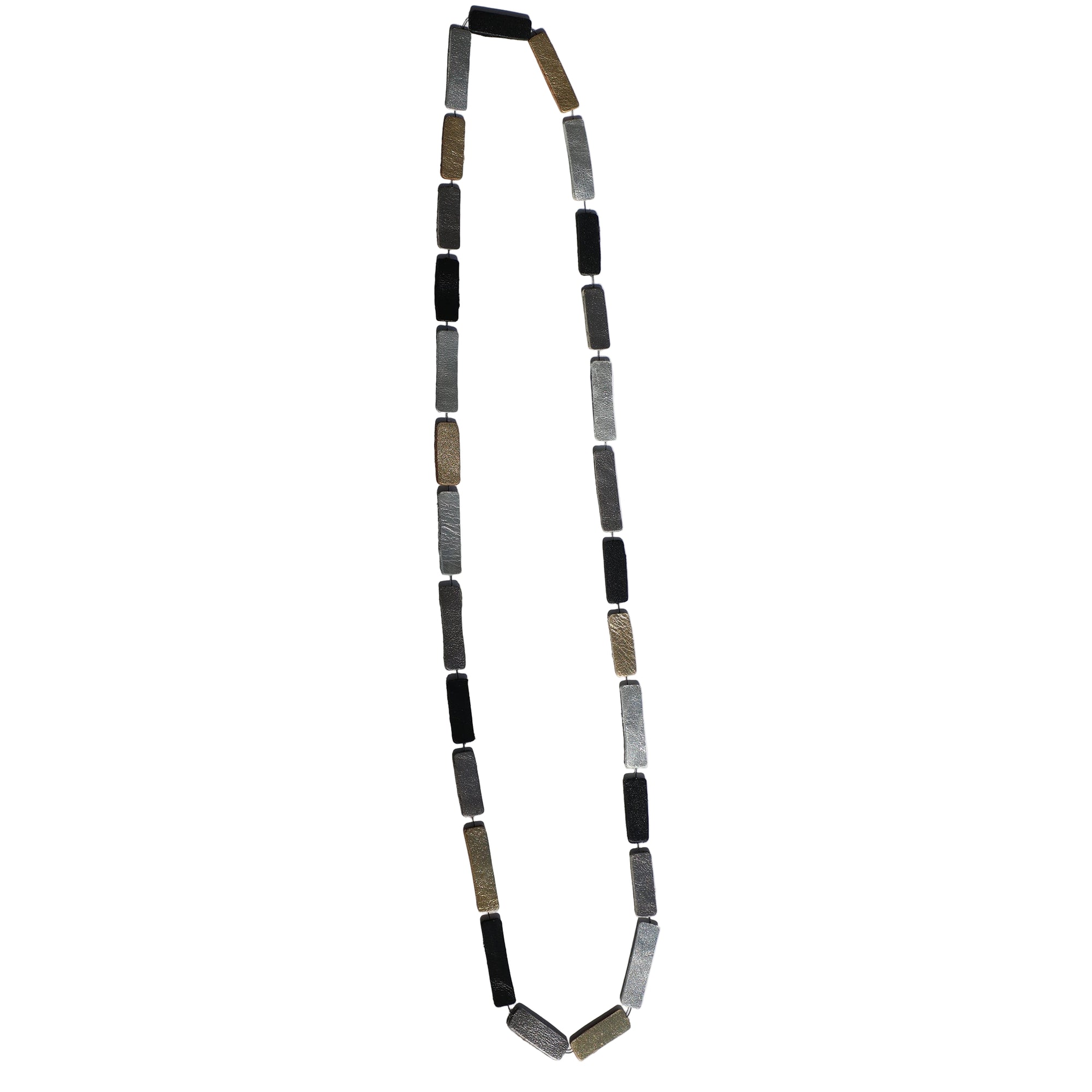 Necklace with rectangular beads on a white stand