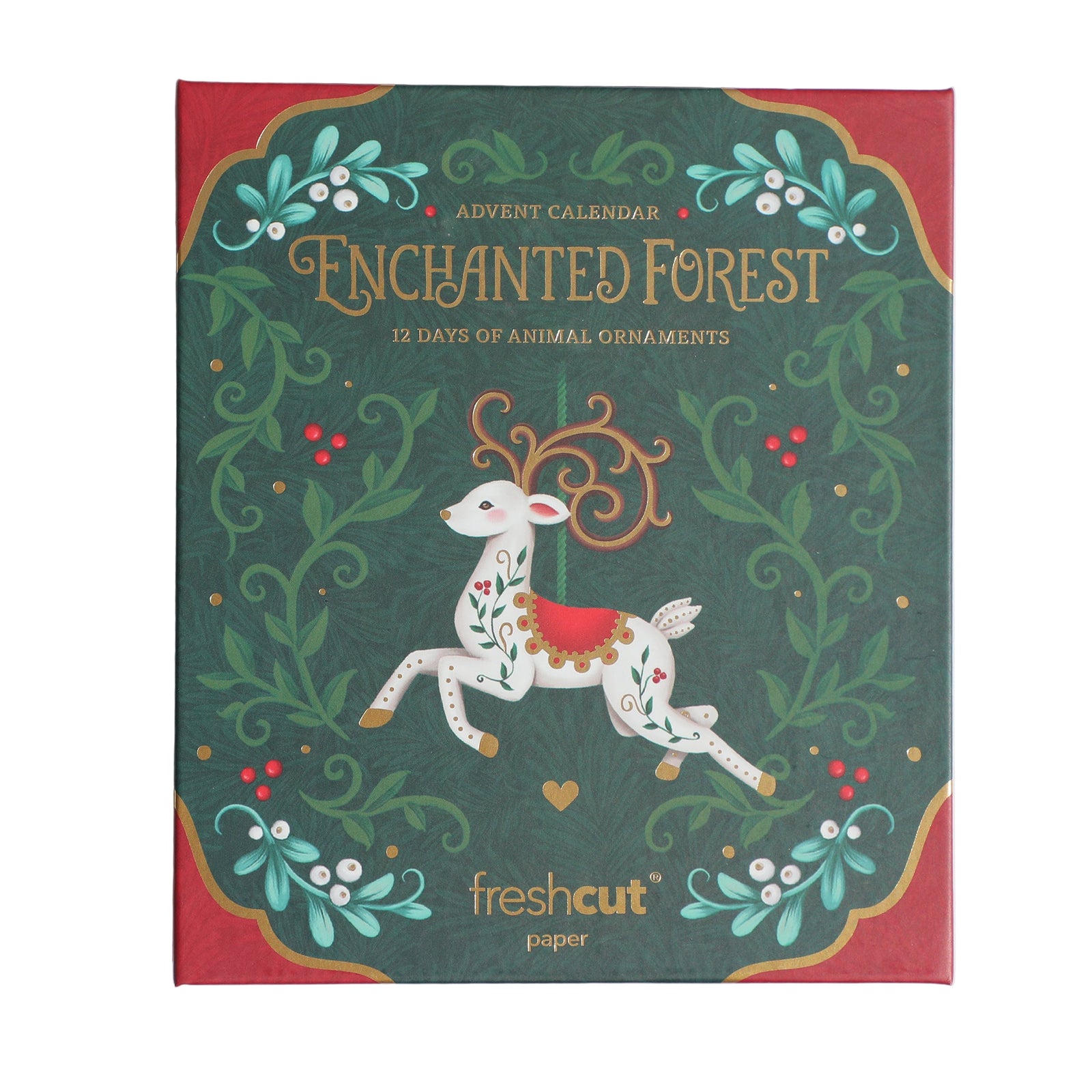 Advent calendar box with a deer illustration and festive design on a white background