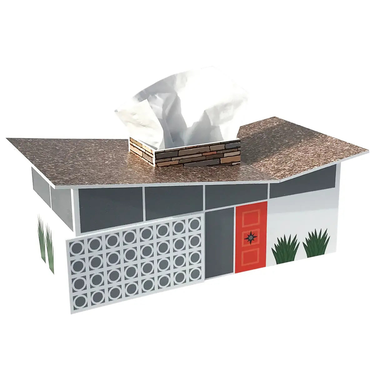 Model of a house with a red door and a tissue box on the roof