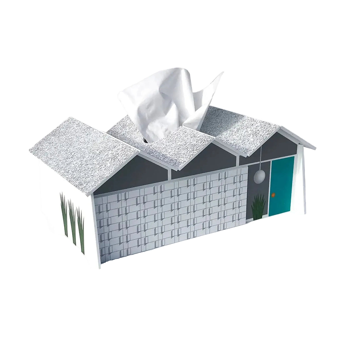 A tissue box cover shaped like a modern house, with a white tissue protruding from the roof opening. The house design features a textured gray shingled roof, a gray-and-white brick wall, a teal door, and small green plant details, shown on a clean white background.
