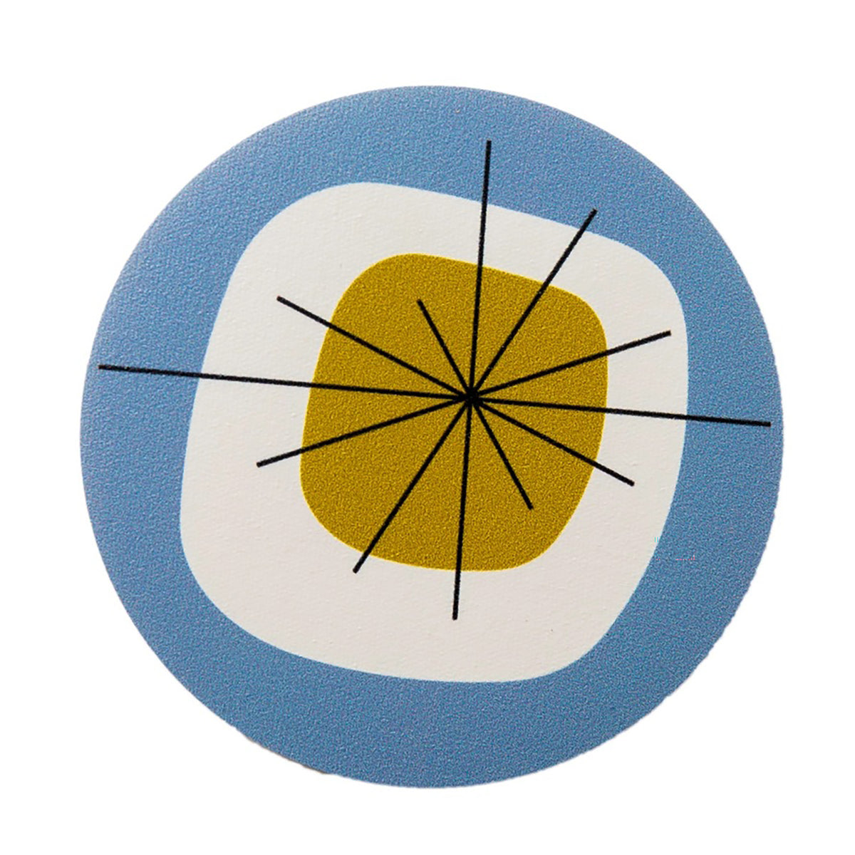A circular abstract coaster featuring concentric shapes: a blue outer ring, a white inner square with rounded corners, a mustard yellow center, and thin black radiating lines on a white background.