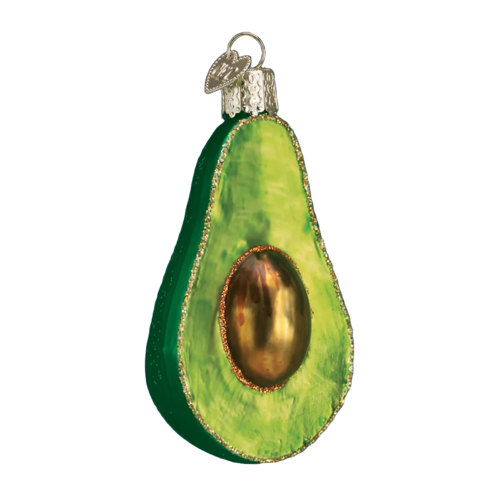 An avocado-shaped Christmas ornament with a textured green body, a metallic gold-brown pit, and a silver hanging loop on a plain white background.