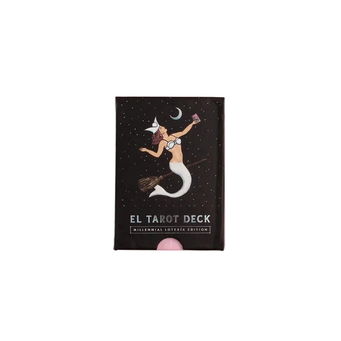 A tarot deck box labeled 'EL TAROT DECK' with an illustration of a mermaid on a black background