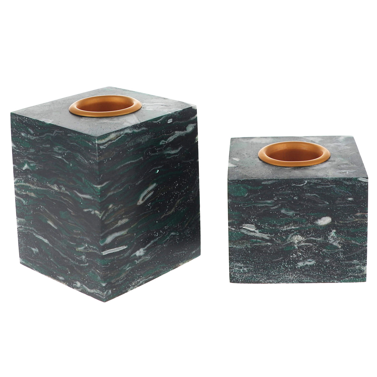 Two square dark green marble candle holders with white veining and a circular bronze-colored rim at the top, shown on a plain white background.