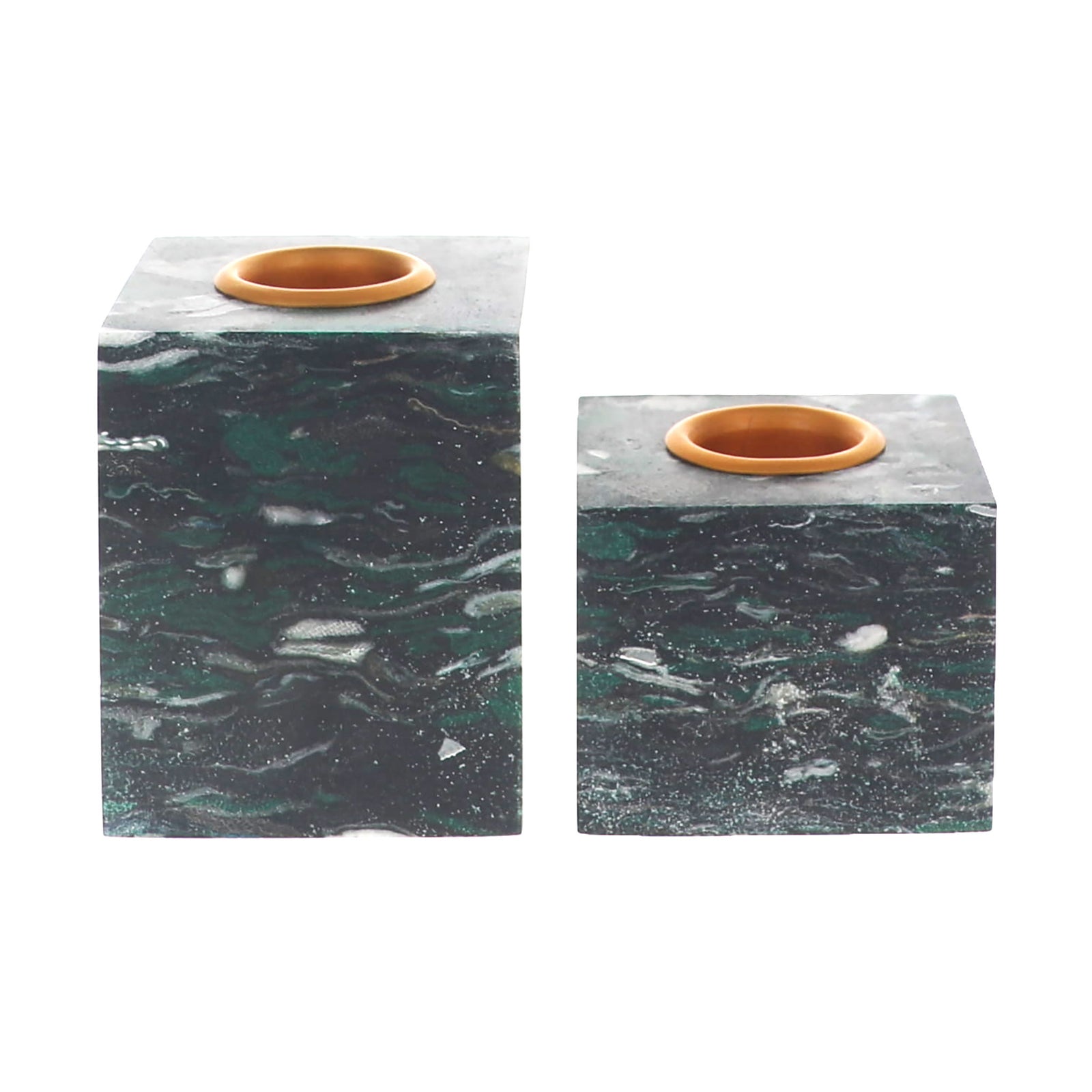 Two square dark green marble candle holders with white veining and a circular bronze-colored rim at the top, shown on a plain white background.