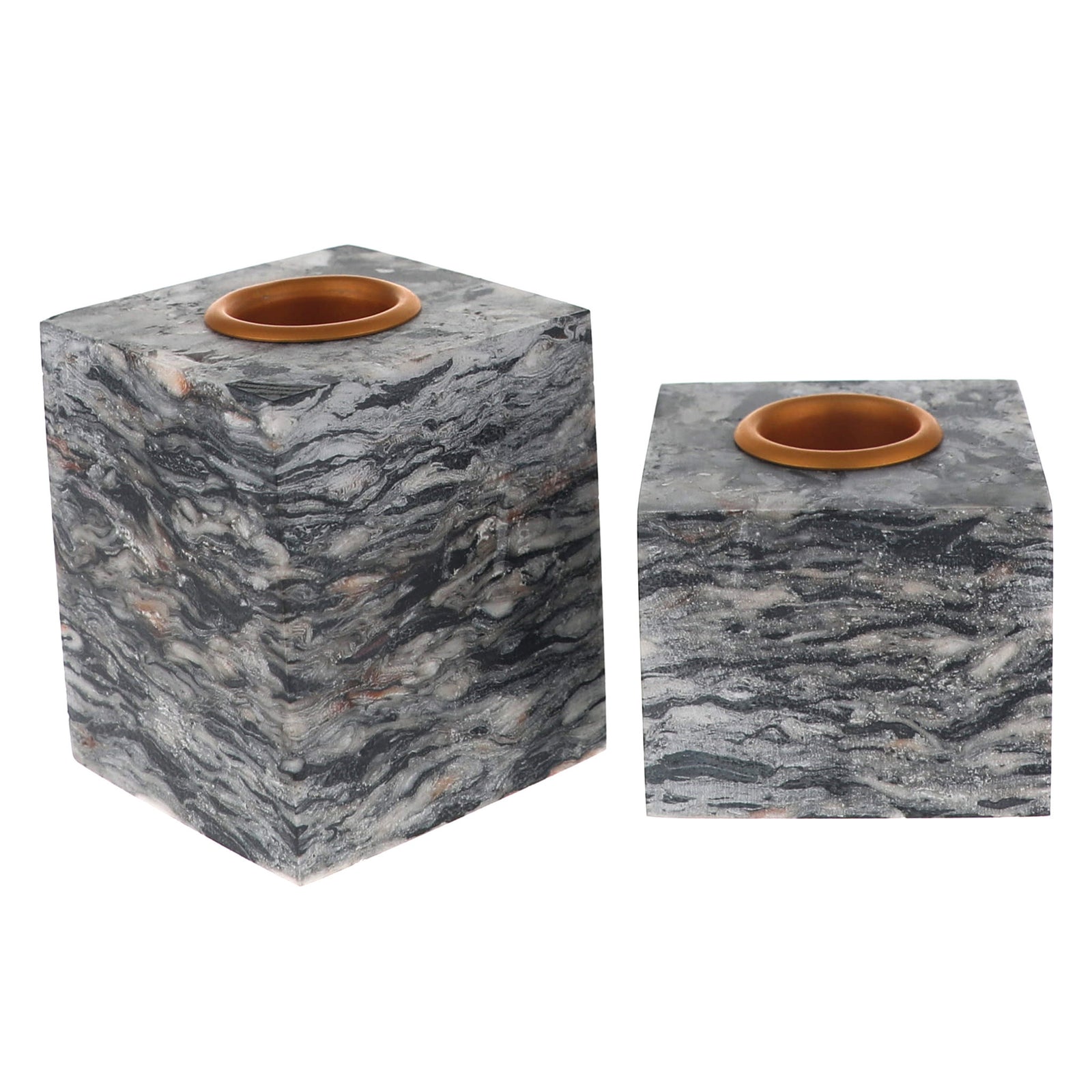 Two square stone candle holders with a gray and black marbled pattern and a circular copper-toned insert at the top, shown on a plain white background.