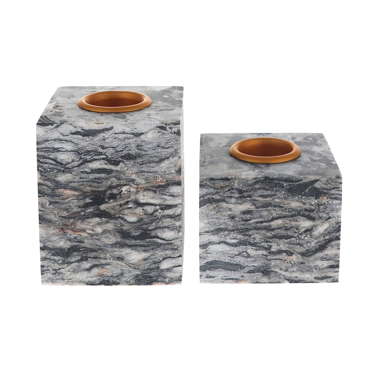 Two square stone candle holders with a gray and black marbled pattern and a circular copper-toned insert at the top, shown on a plain white background.