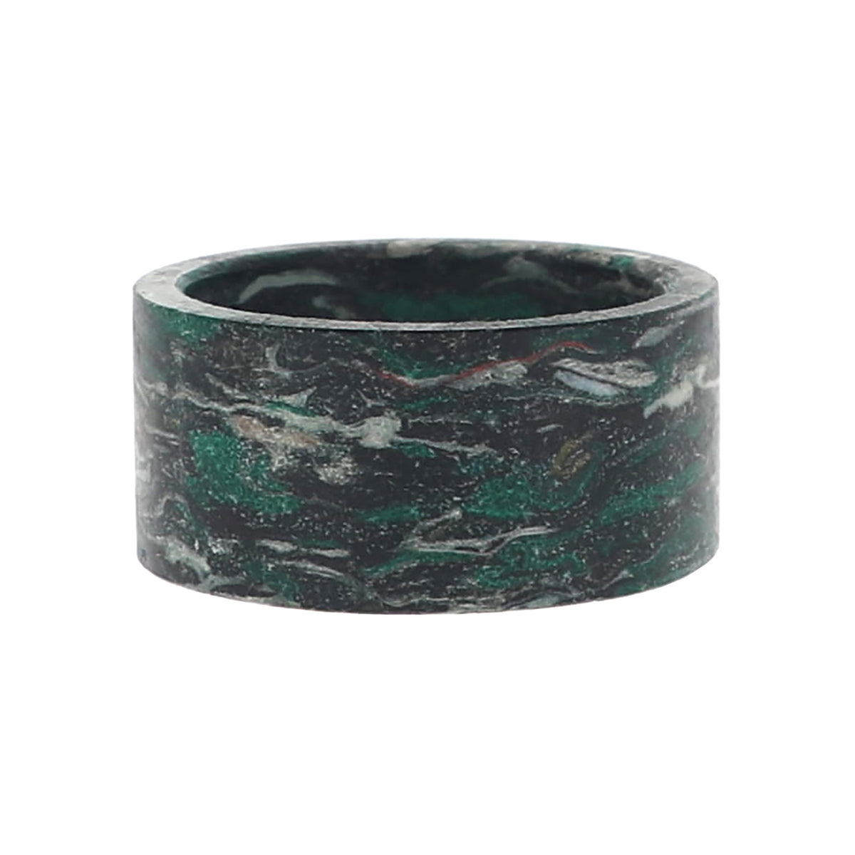 A napkin ring with swirling patterns of dark green, black, and white, shown against a plain white background.