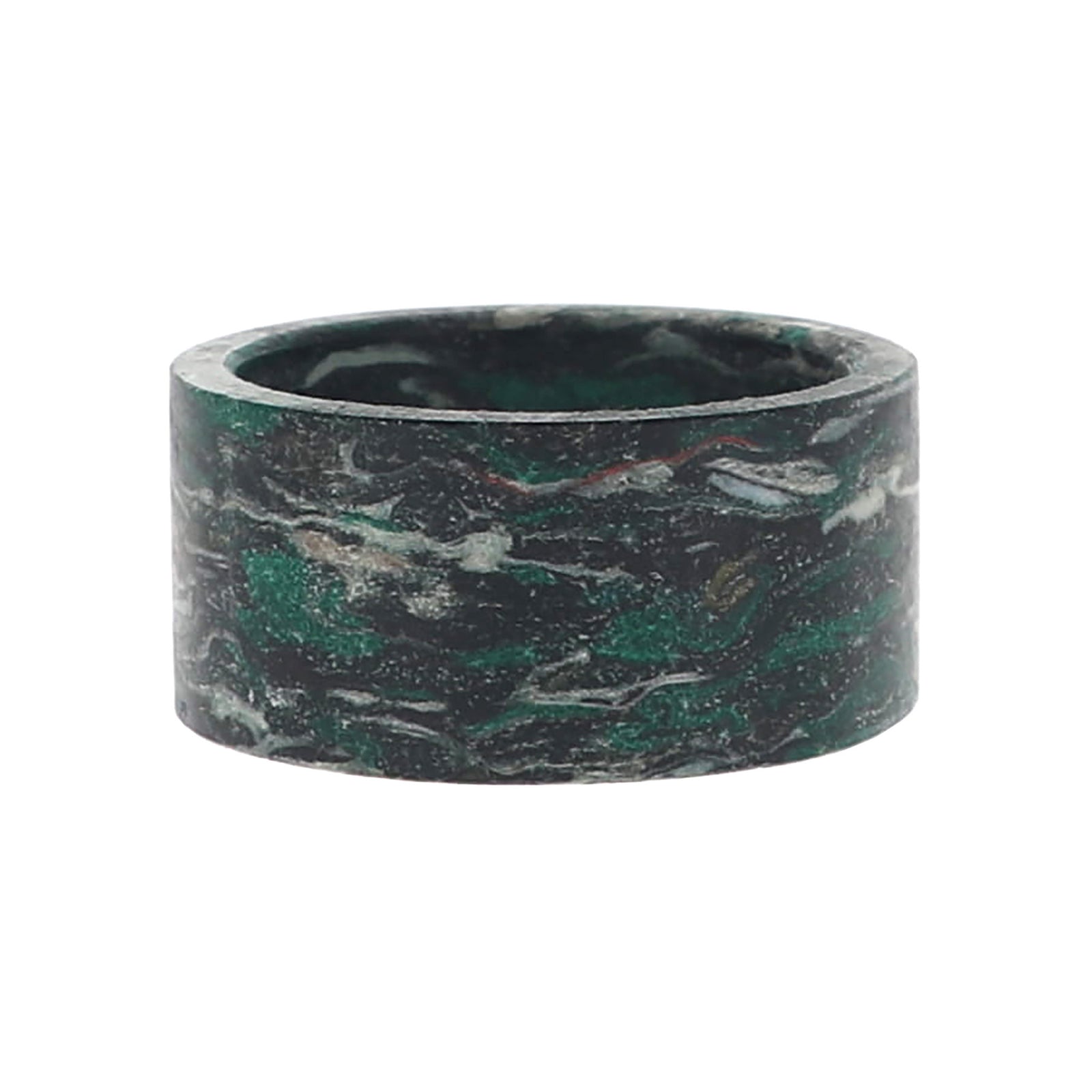 A napkin ring with swirling patterns of dark green, black, and white, shown against a plain white background.