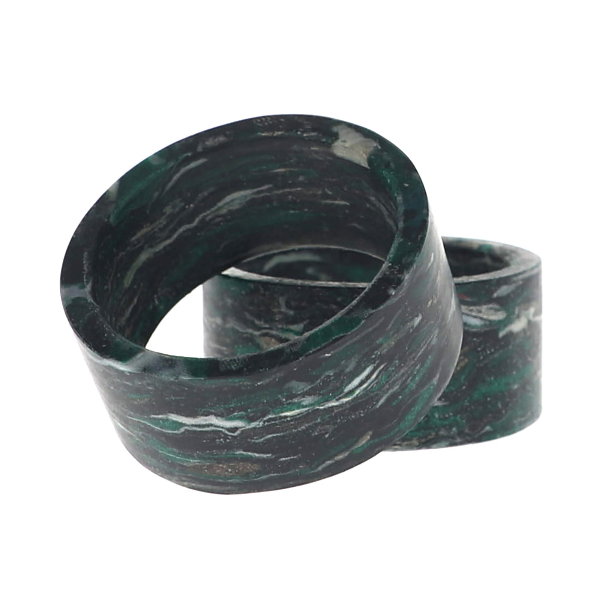 Two napkin rings in a dark green and black marbled pattern, displayed on a clean white background.