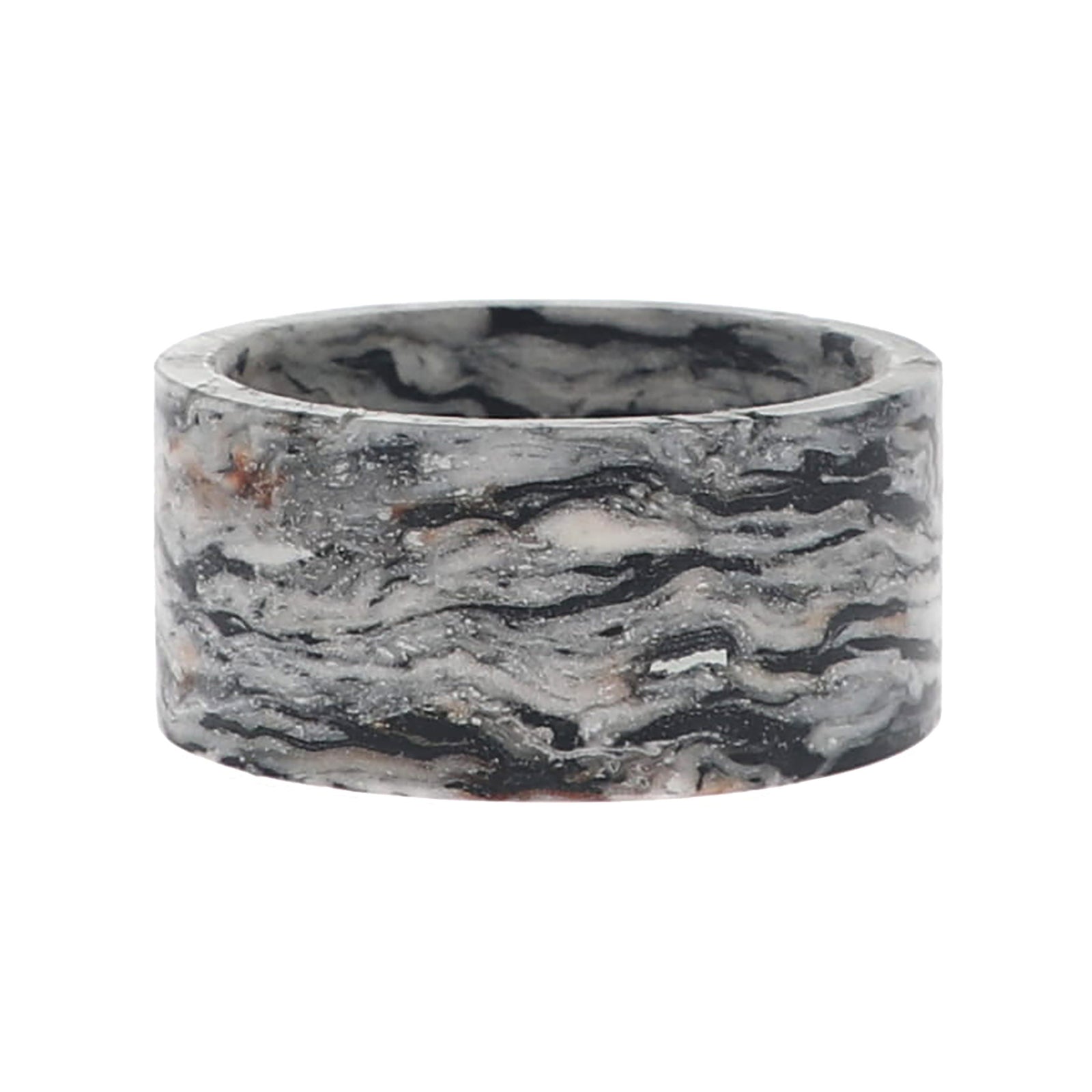 A napkin ring with swirling black, gray, white, and subtle warm brown veins, shown on a plain white background.