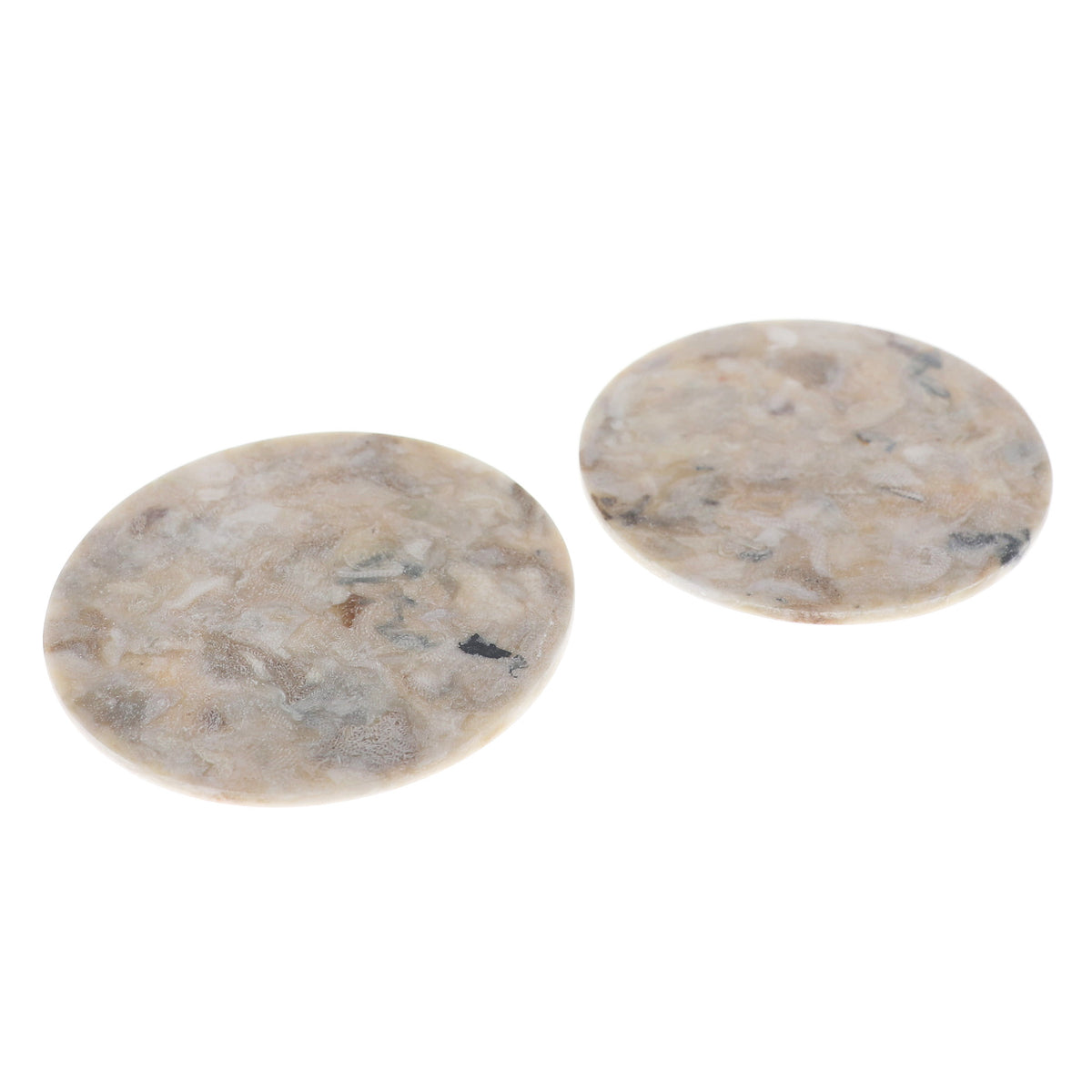 Two round coasters with a marbled beige, gray, and white pattern on a plain white background.