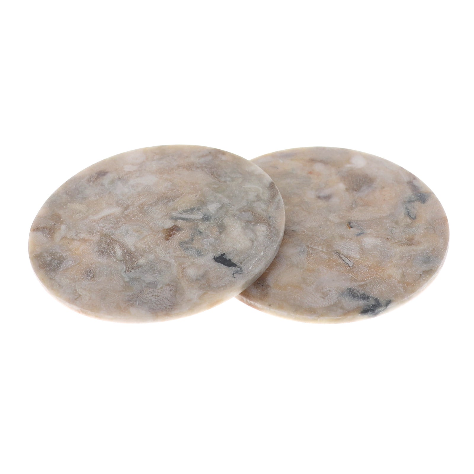 Two round coasters with a marbled beige, gray, and brown pattern, overlapping on a plain white background.