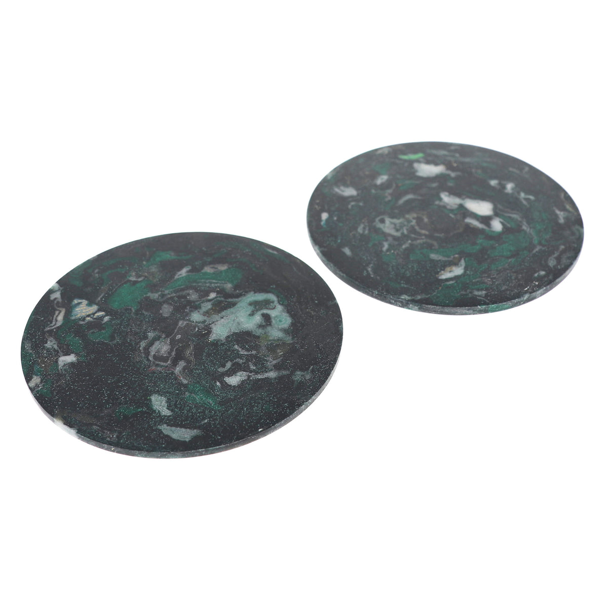 Two round dark green and black marbled stone coasters on a plain white background.