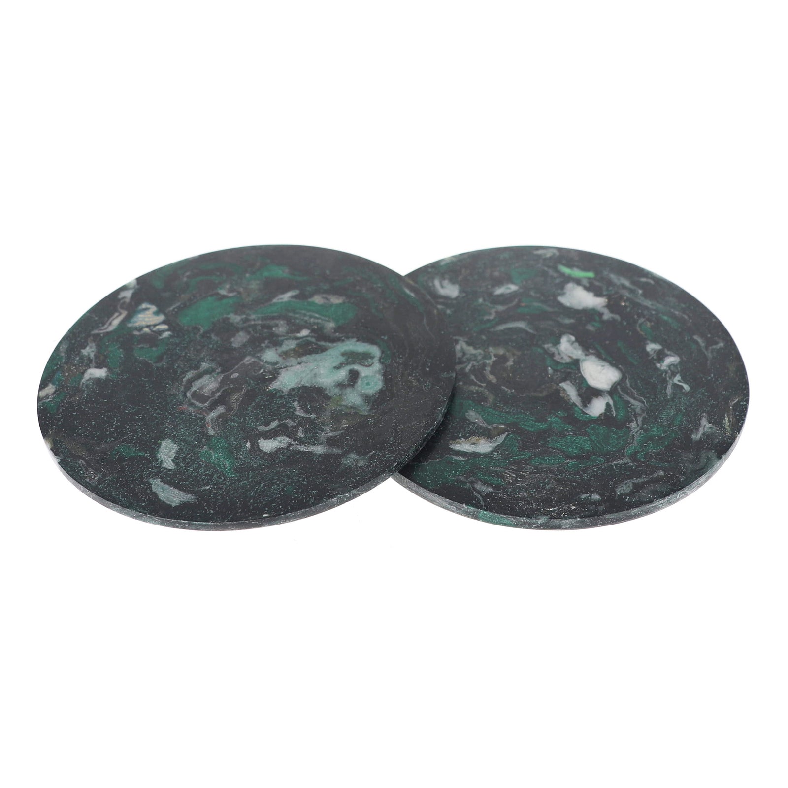 Two round coasters with a dark gray and green marbled pattern, overlapping on a plain white background.