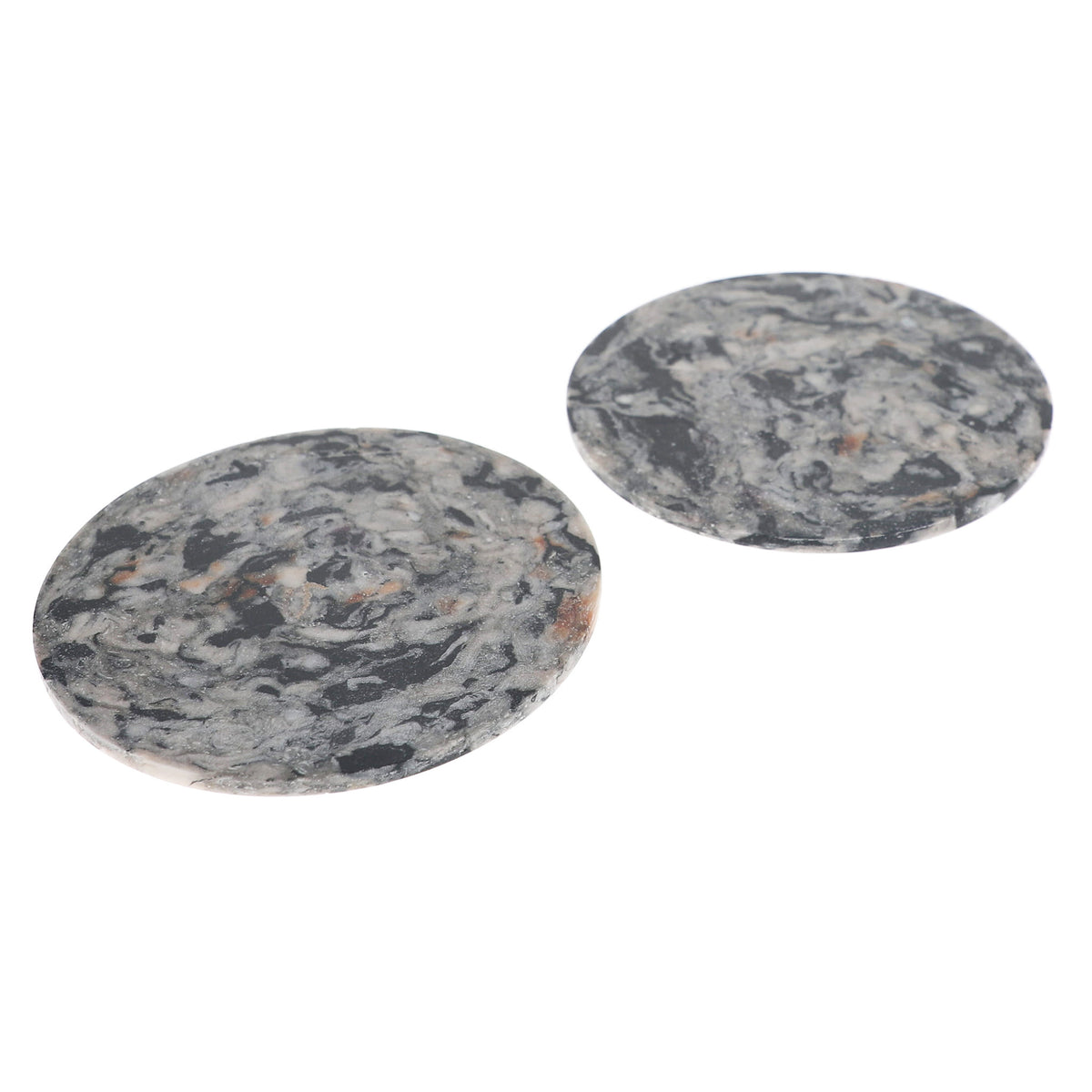 Two round gray and black marble coasters with natural veining, displayed on a clean white background.