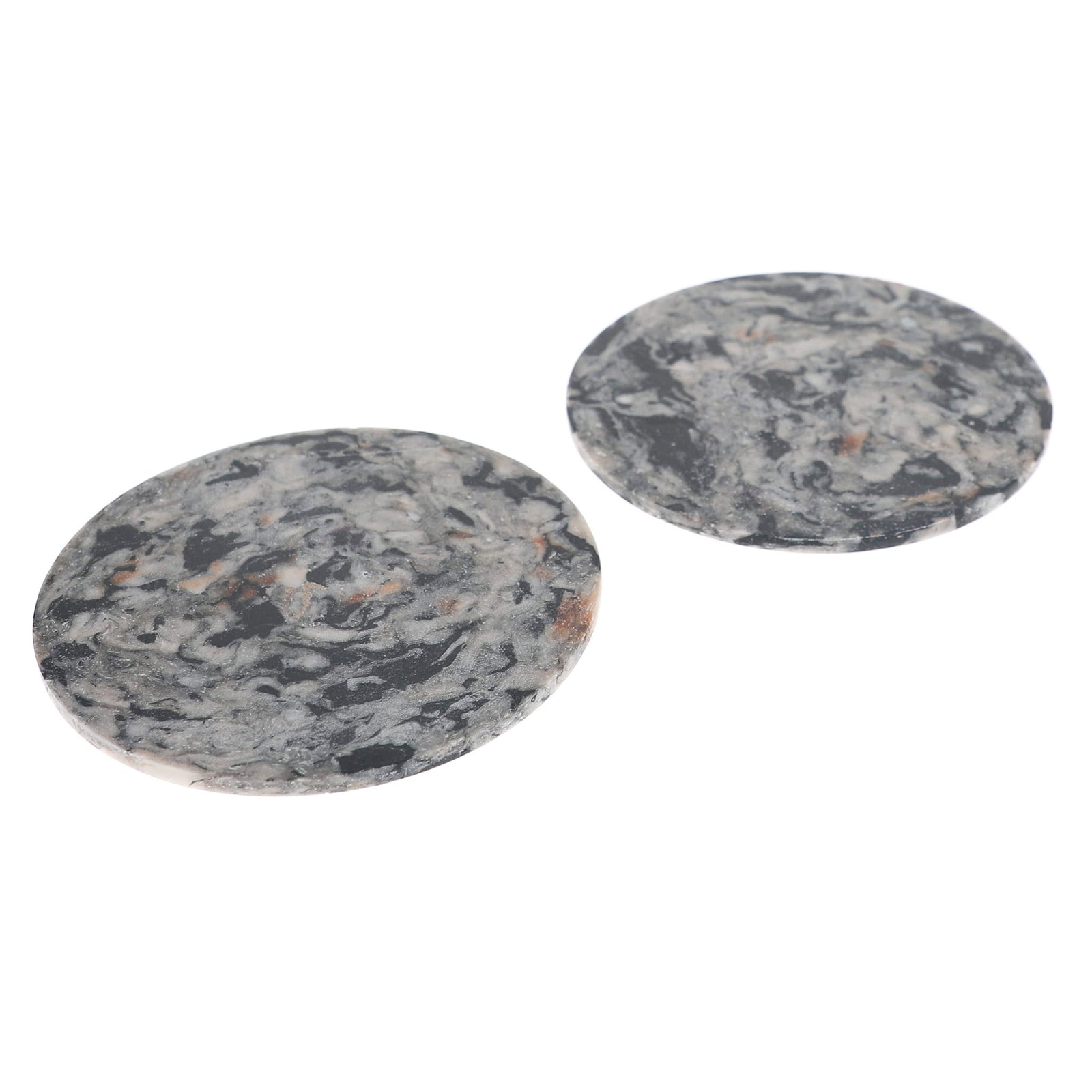 Two round granite coasters with a dark gray, black, and white marbled pattern, displayed overlapping on a solid white background.