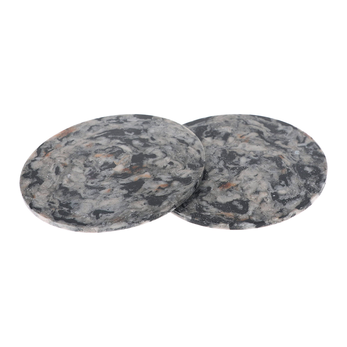 Two round granite coasters with a dark gray, black, and white marbled pattern, displayed overlapping on a solid white background.