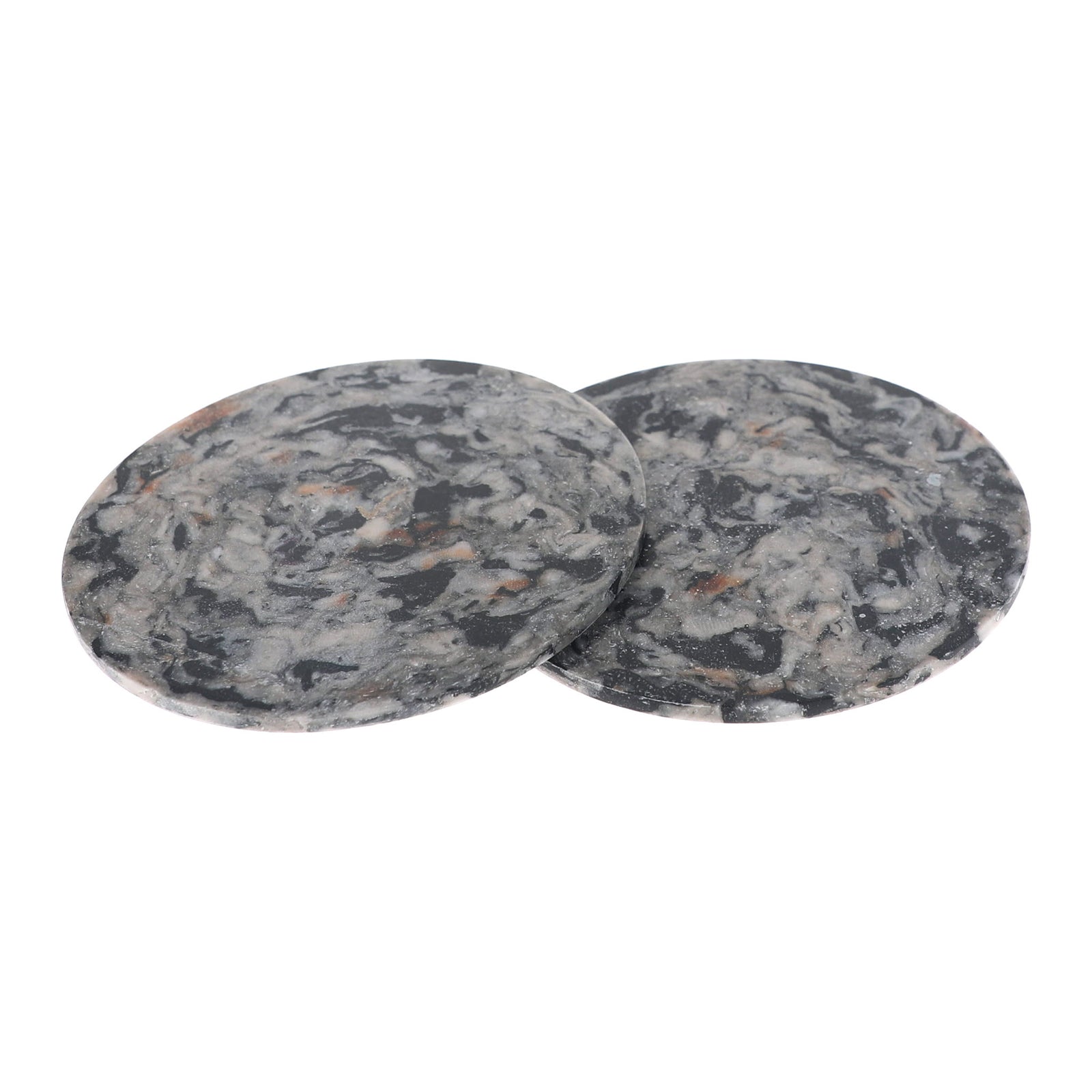 Two round granite coasters with a dark gray, black, and white marbled pattern, displayed overlapping on a solid white background.