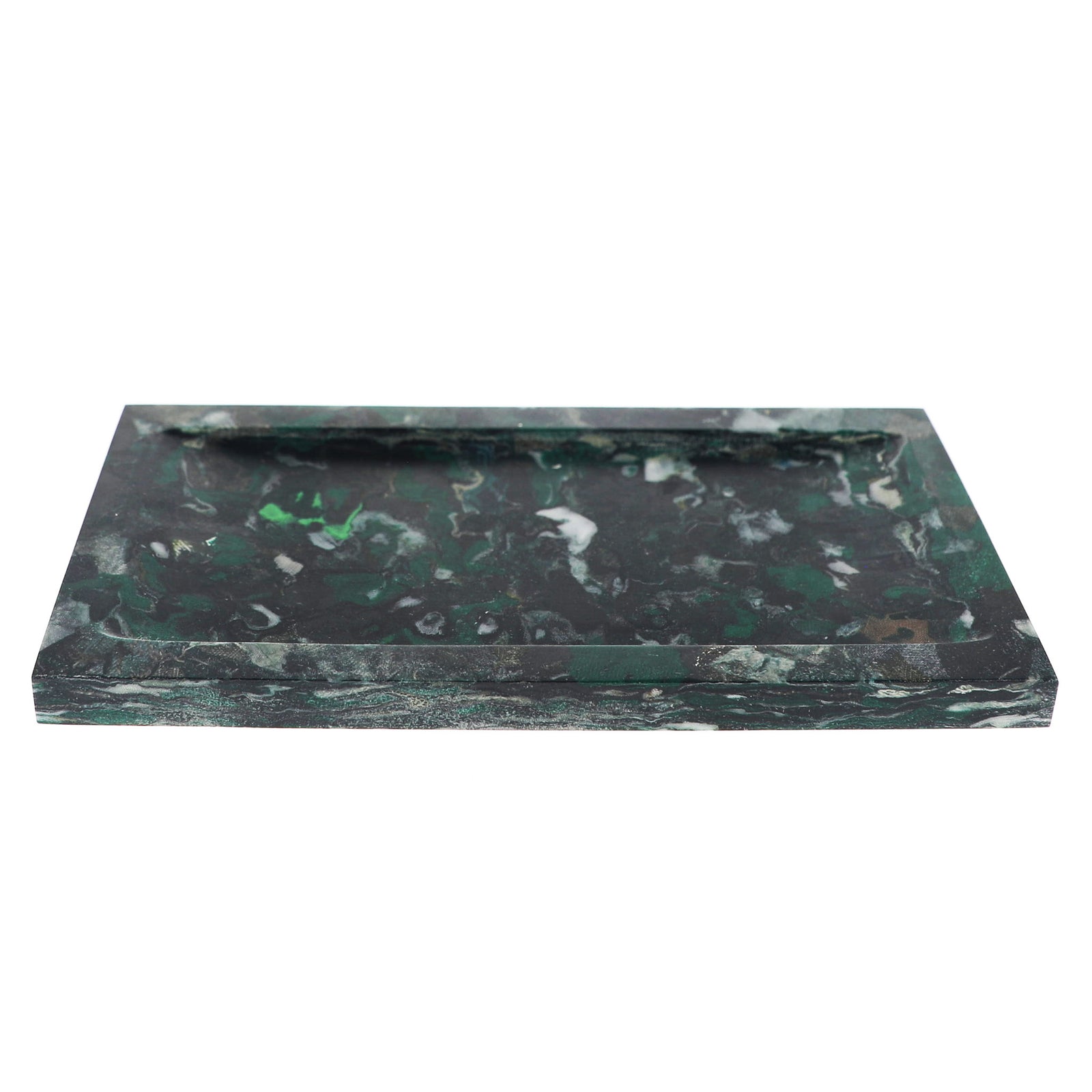 A rectangular green and black marbled tray with a recessed center, shown on a plain white background.