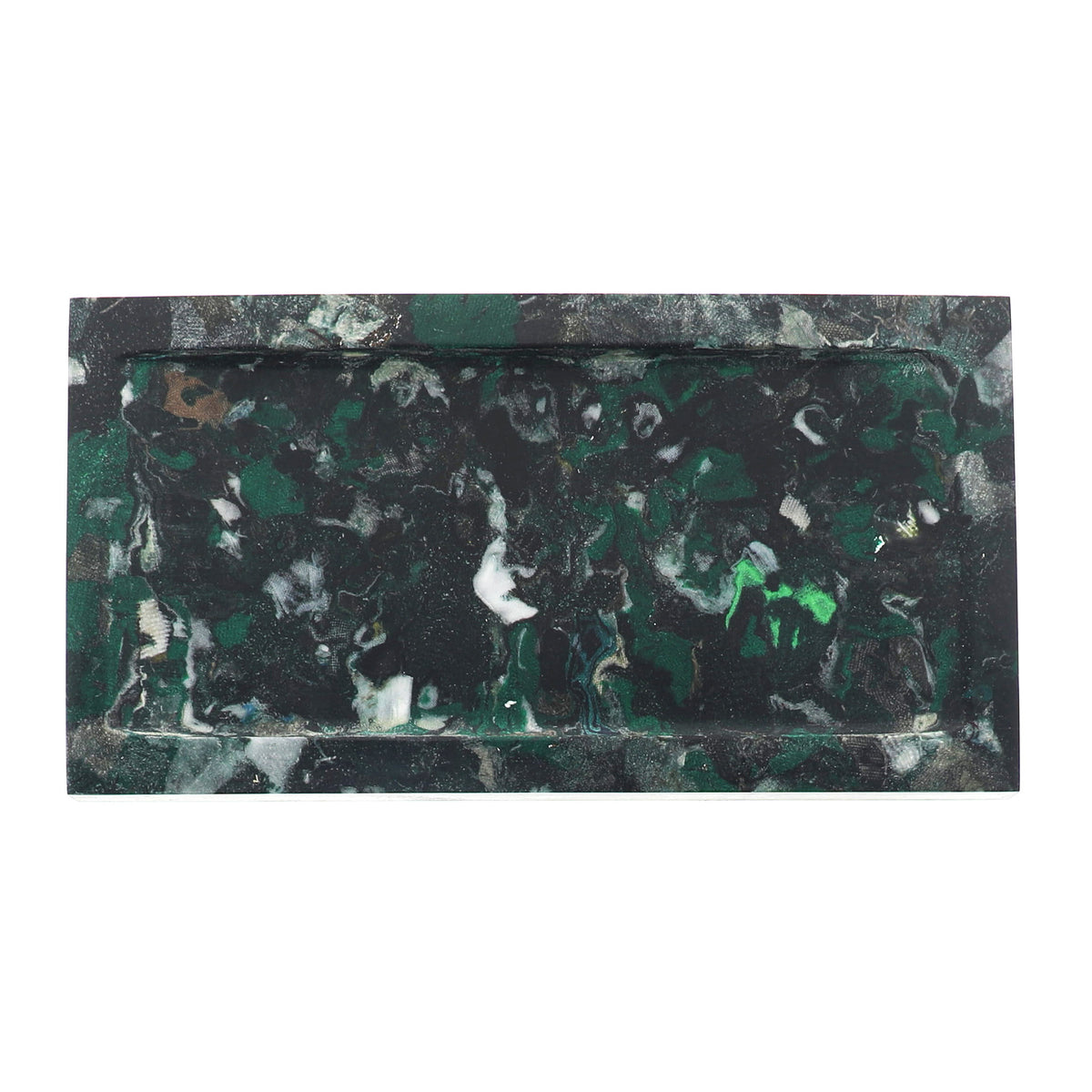 A rectangular green and black marbled tray with a recessed center, shown on a plain white background.