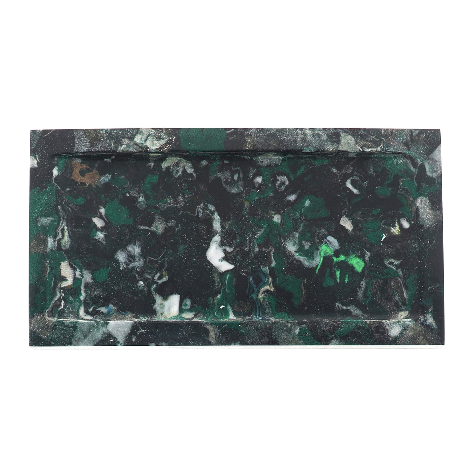 A rectangular green and black marbled tray with a recessed center, shown on a plain white background.