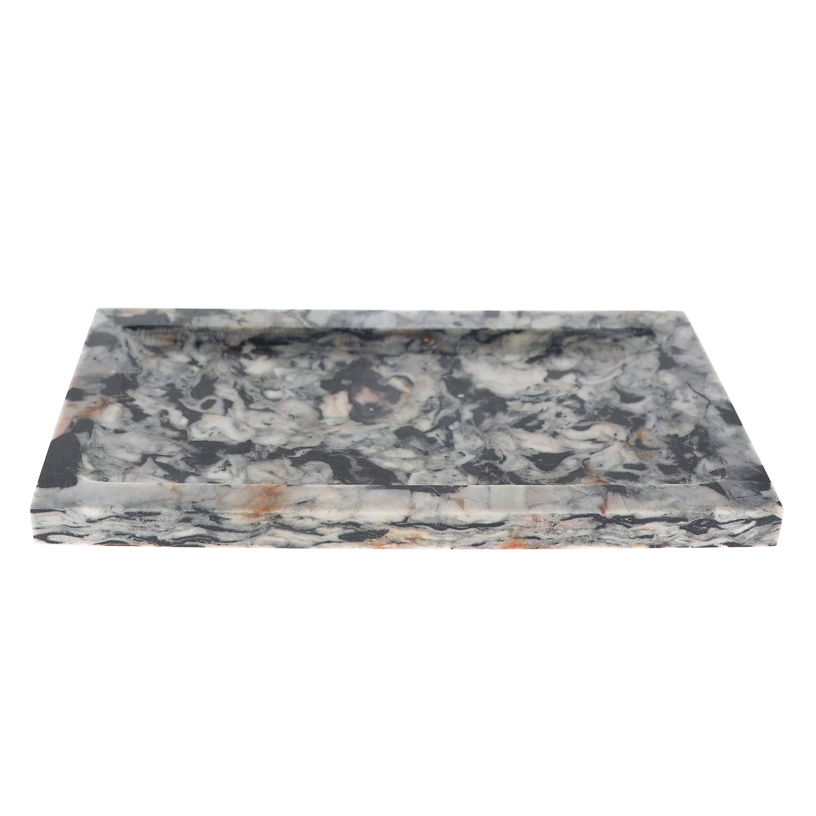 A rectangular tray with a marbled stone-like pattern in black, white, gray, and subtle warm beige/orange veining, shown on a plain white background.