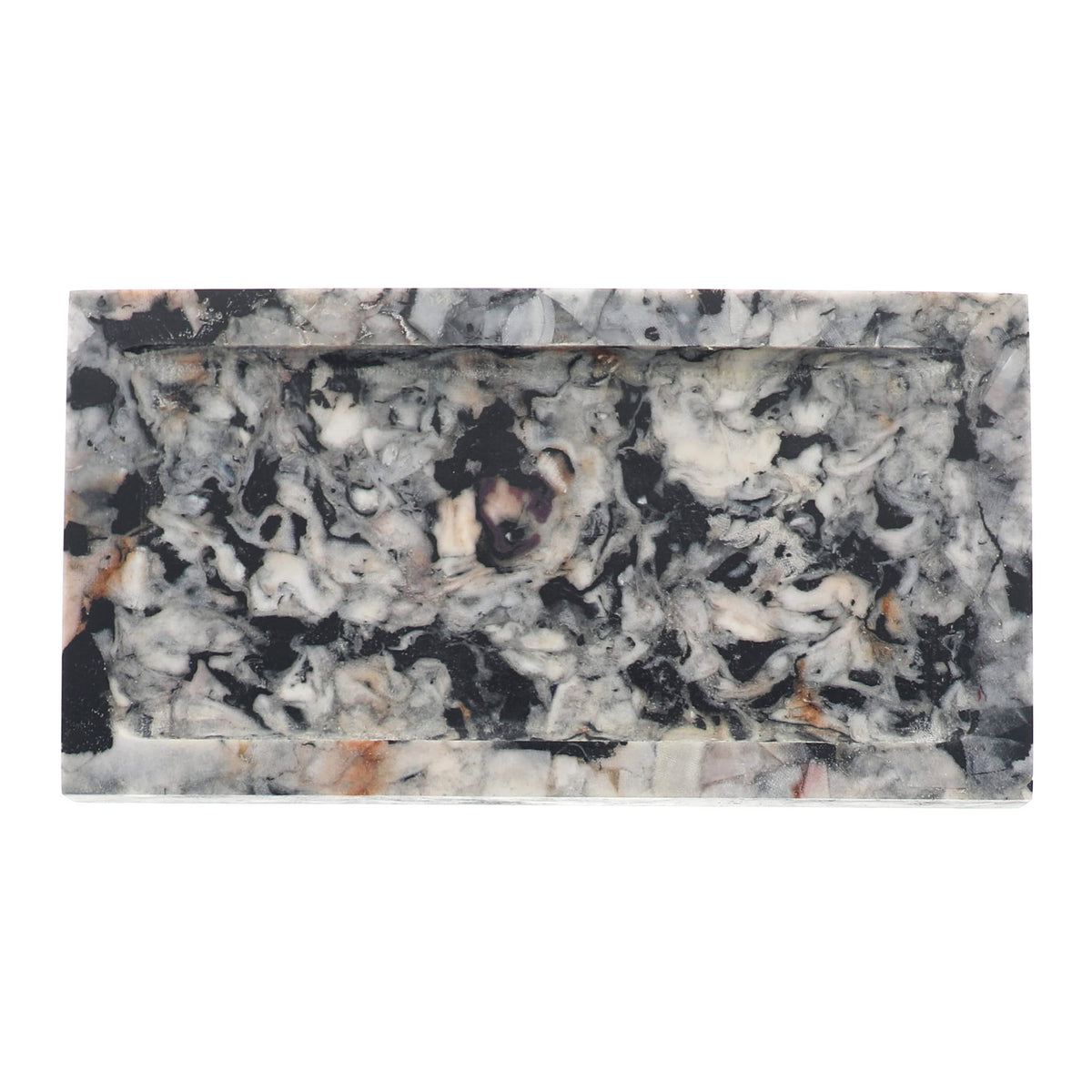 A rectangular tray with a marbled stone-like pattern in black, white, gray, and subtle warm beige/orange veining, shown on a plain white background.