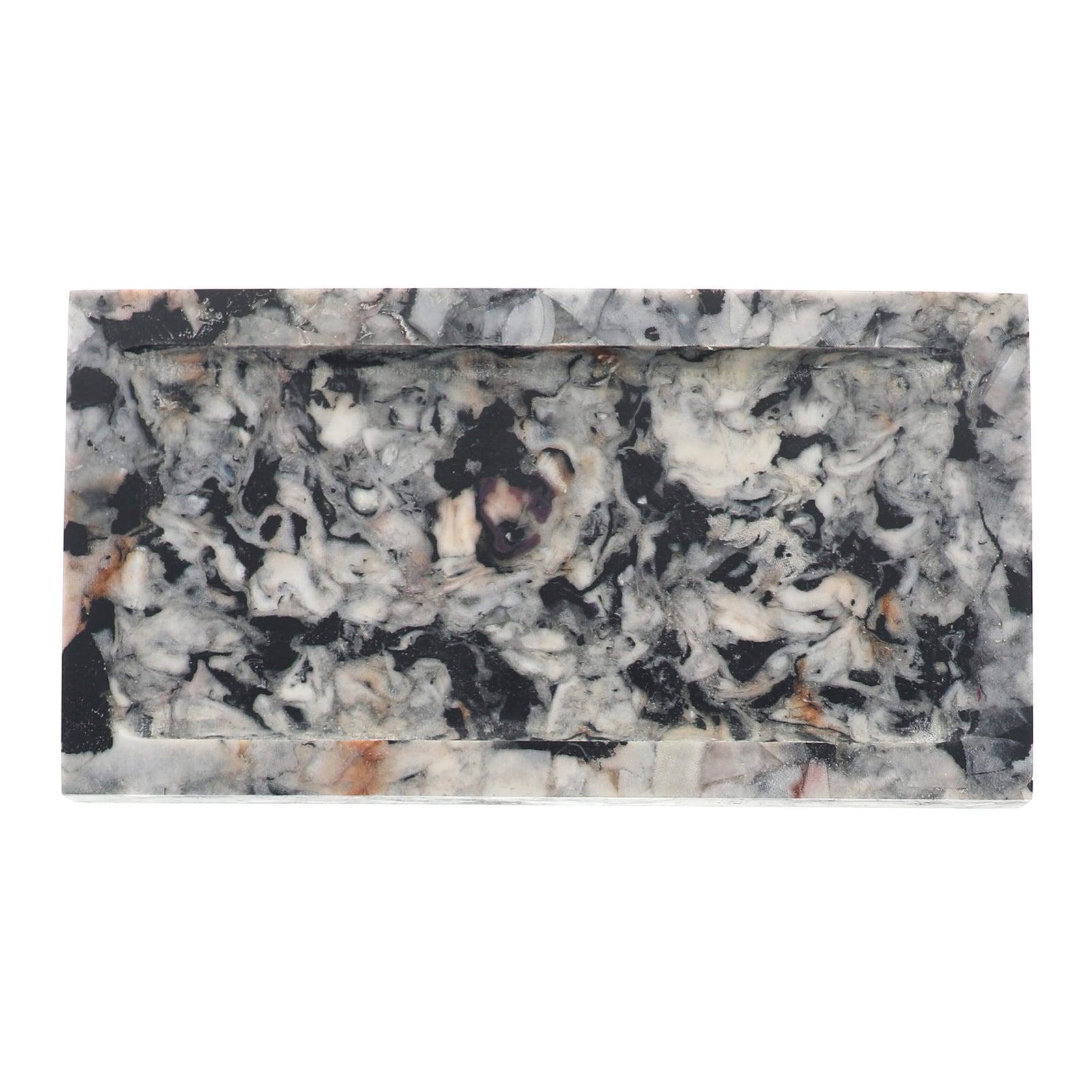 A rectangular tray with a marbled stone-like pattern in black, white, gray, and subtle warm beige/orange veining, shown on a plain white background.