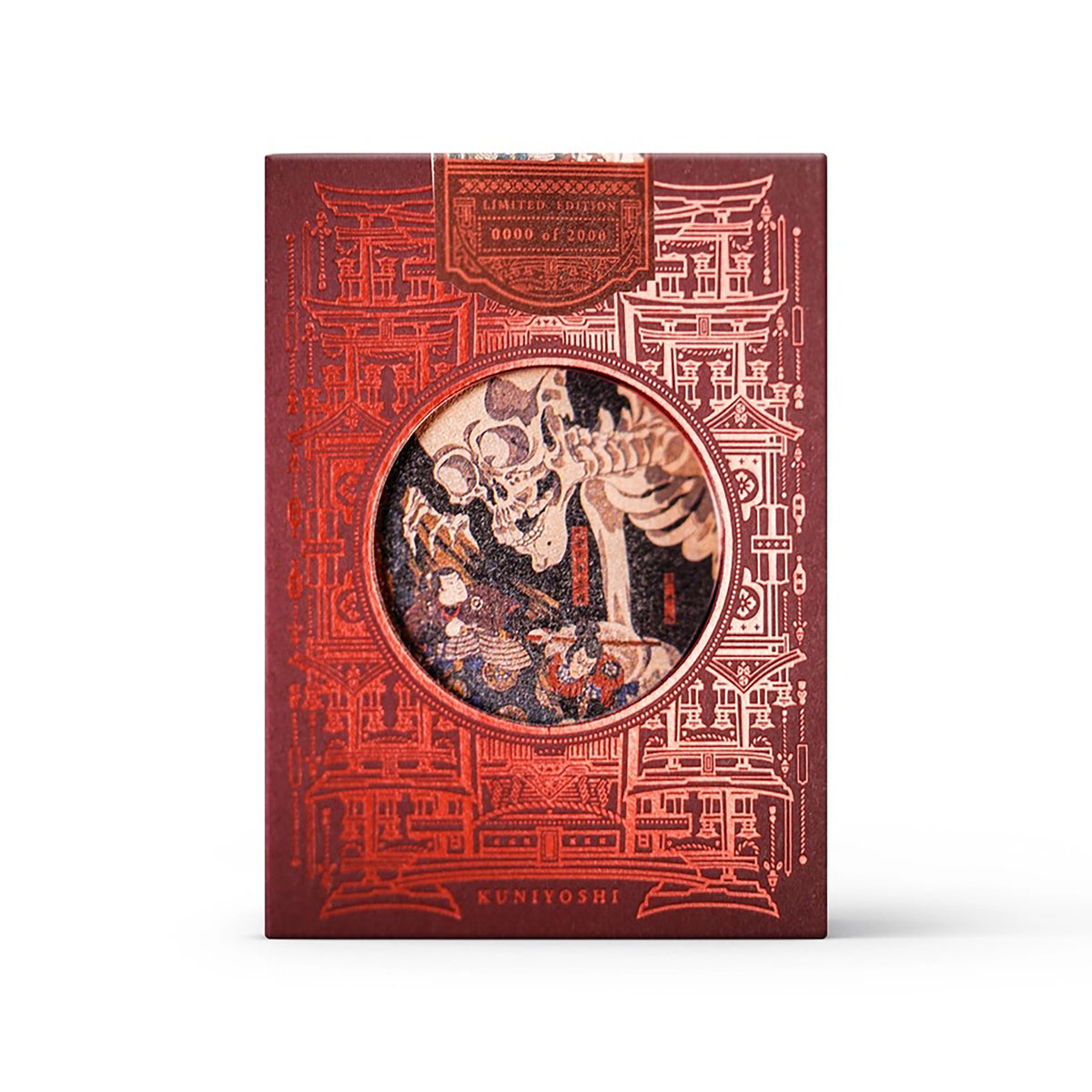 A limited edition art card box by Kuniyoshi, featuring a deep red cover with intricate gold architectural line art and a central circular window showing a detailed Ukiyo-e style illustration.