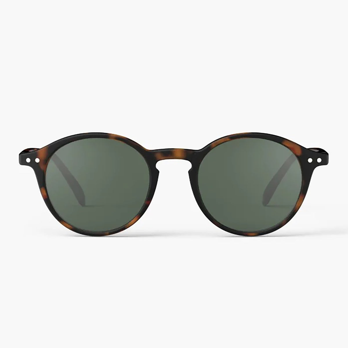 Oval sunglasses with a dark brown and black tortoiseshell frame and dark green lenses, shown against a plain light gray background.