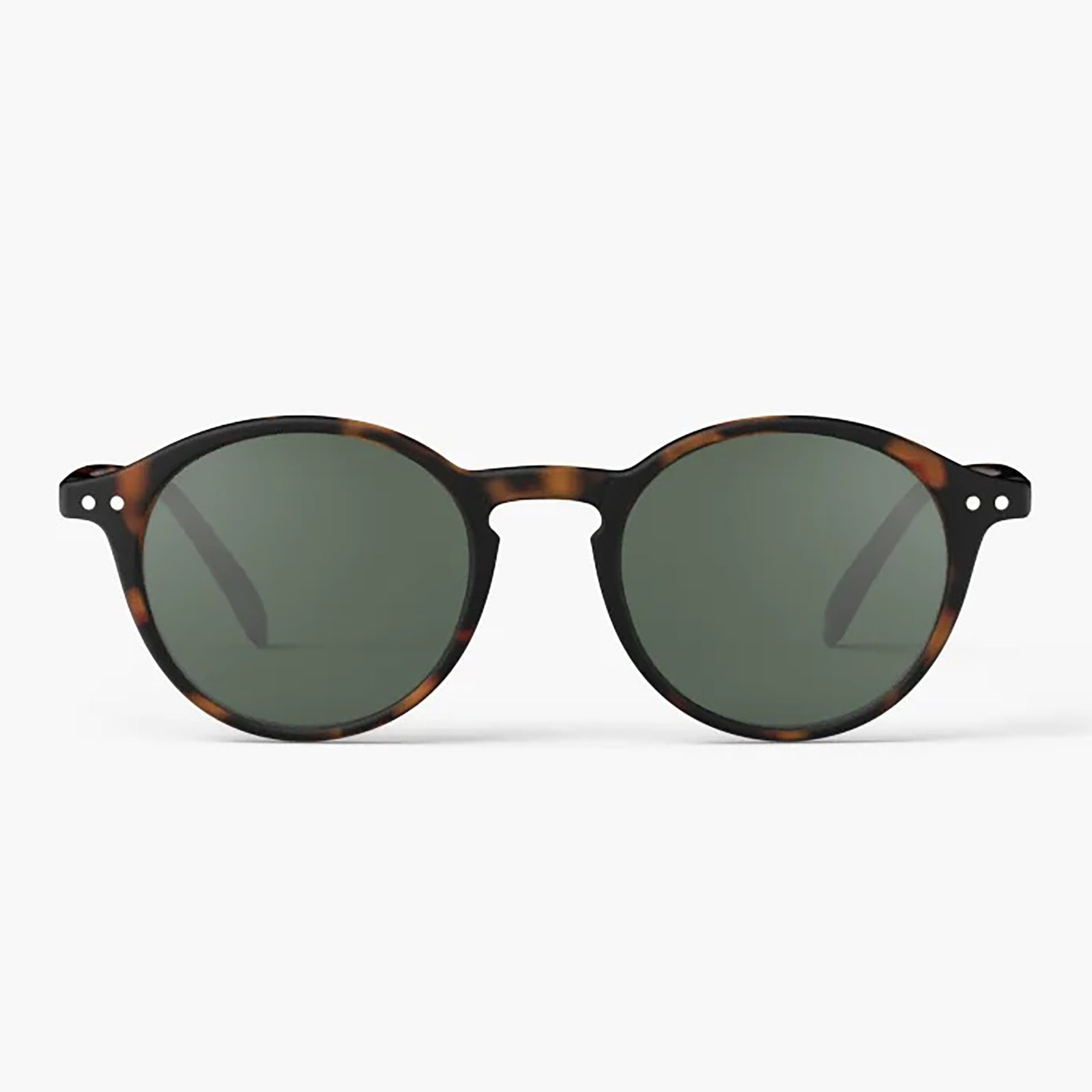 Oval sunglasses with a dark brown and black tortoiseshell frame and dark green lenses, shown against a plain light gray background.