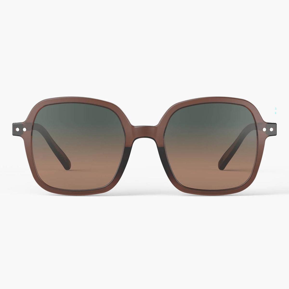 A pair of oversized square sunglasses with a translucent brown frame and gradient brown lenses, shown against a plain white background.