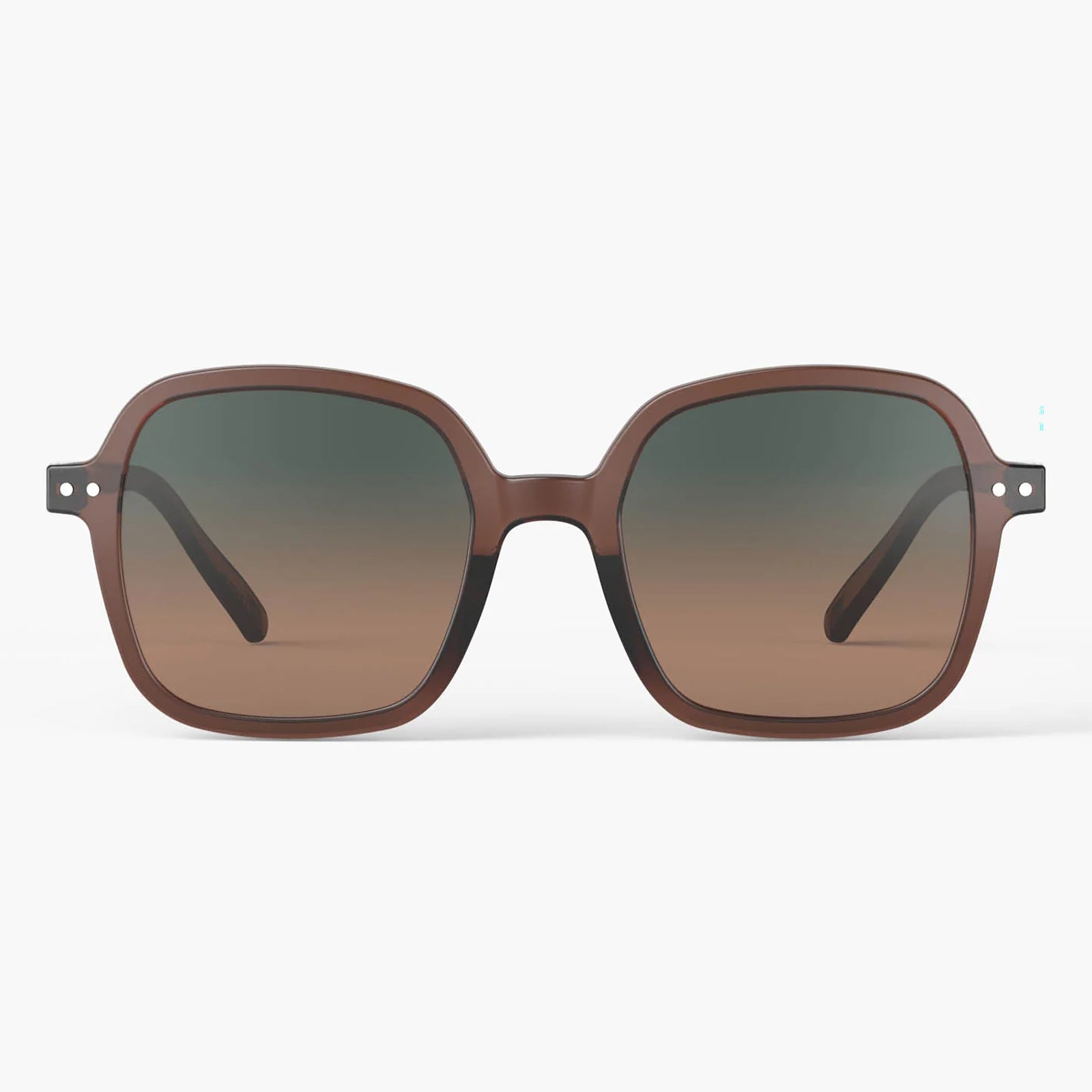 A pair of oversized square sunglasses with a translucent brown frame and gradient brown lenses, shown against a plain white background.