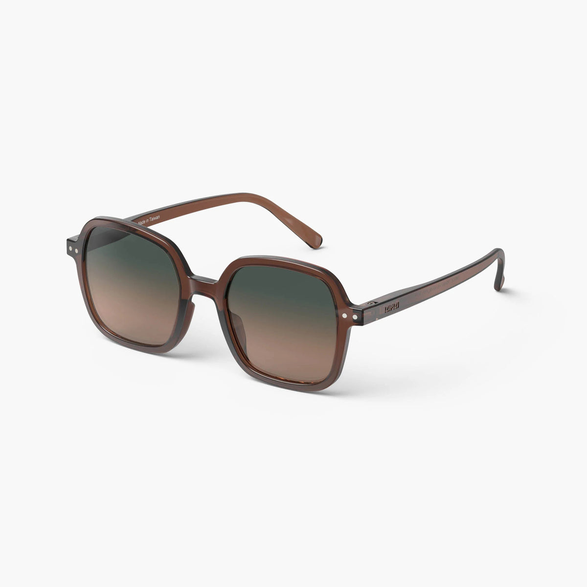 Oversized square sunglasses with a translucent brown acetate frame and gradient brown lenses, shown on a clean white background.
