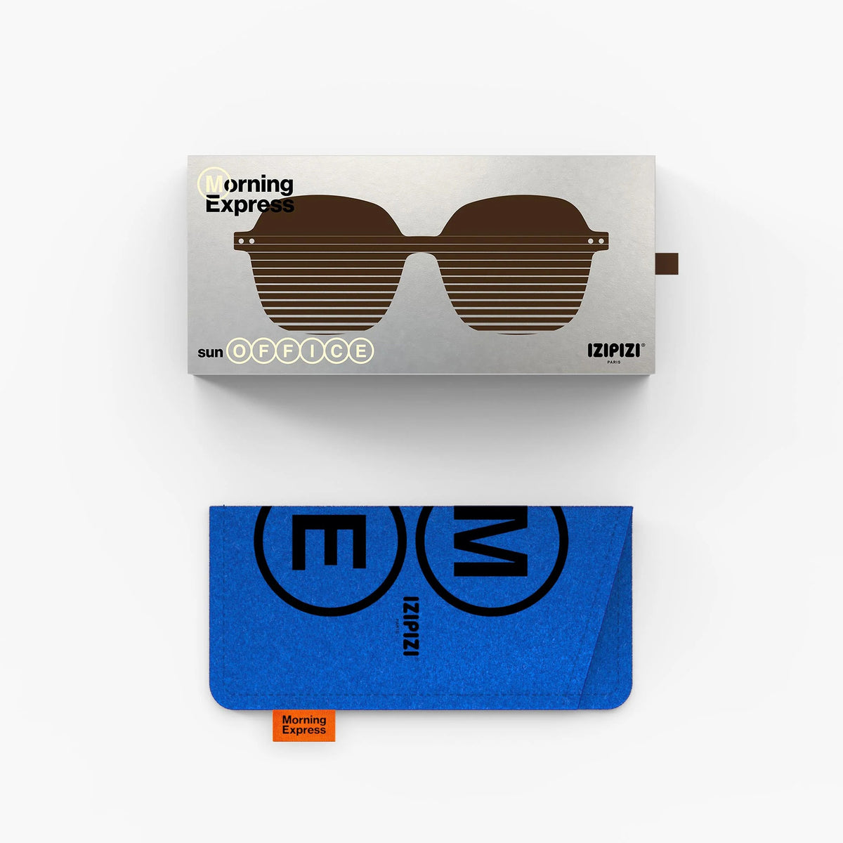 A pair of brown sunglasses with a striped pattern, shown with its silver metallic box above and a blue fabric pouch below on a white background. The packaging features the brands 'Morning Express' and 'IZIPiZI'.