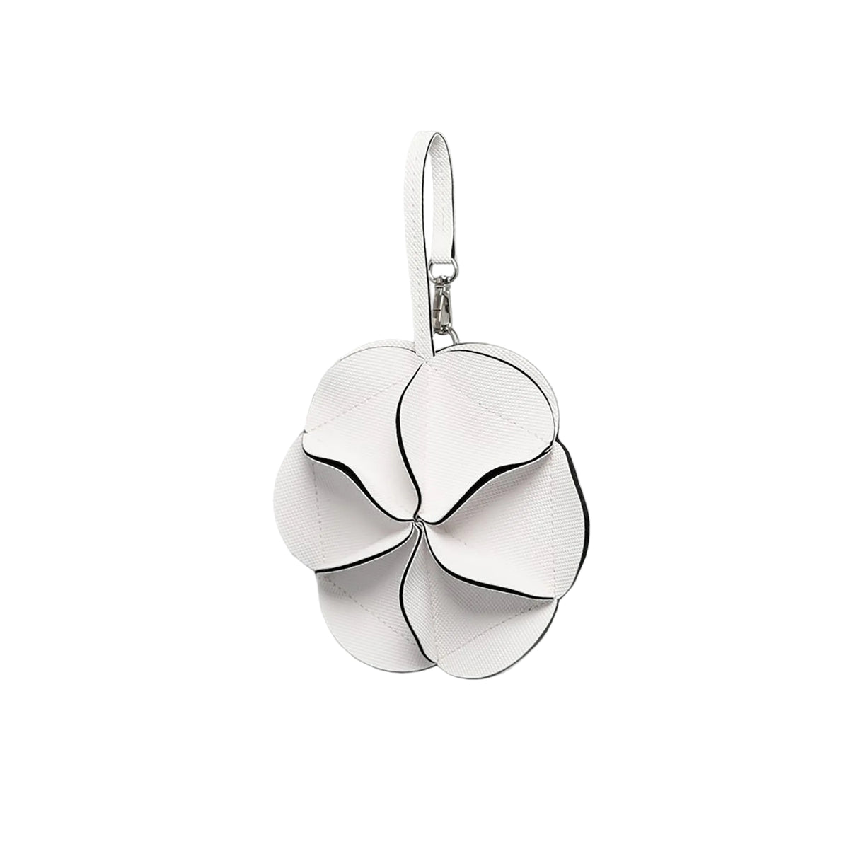 White leather flower shaped bag charm keychain on a white background